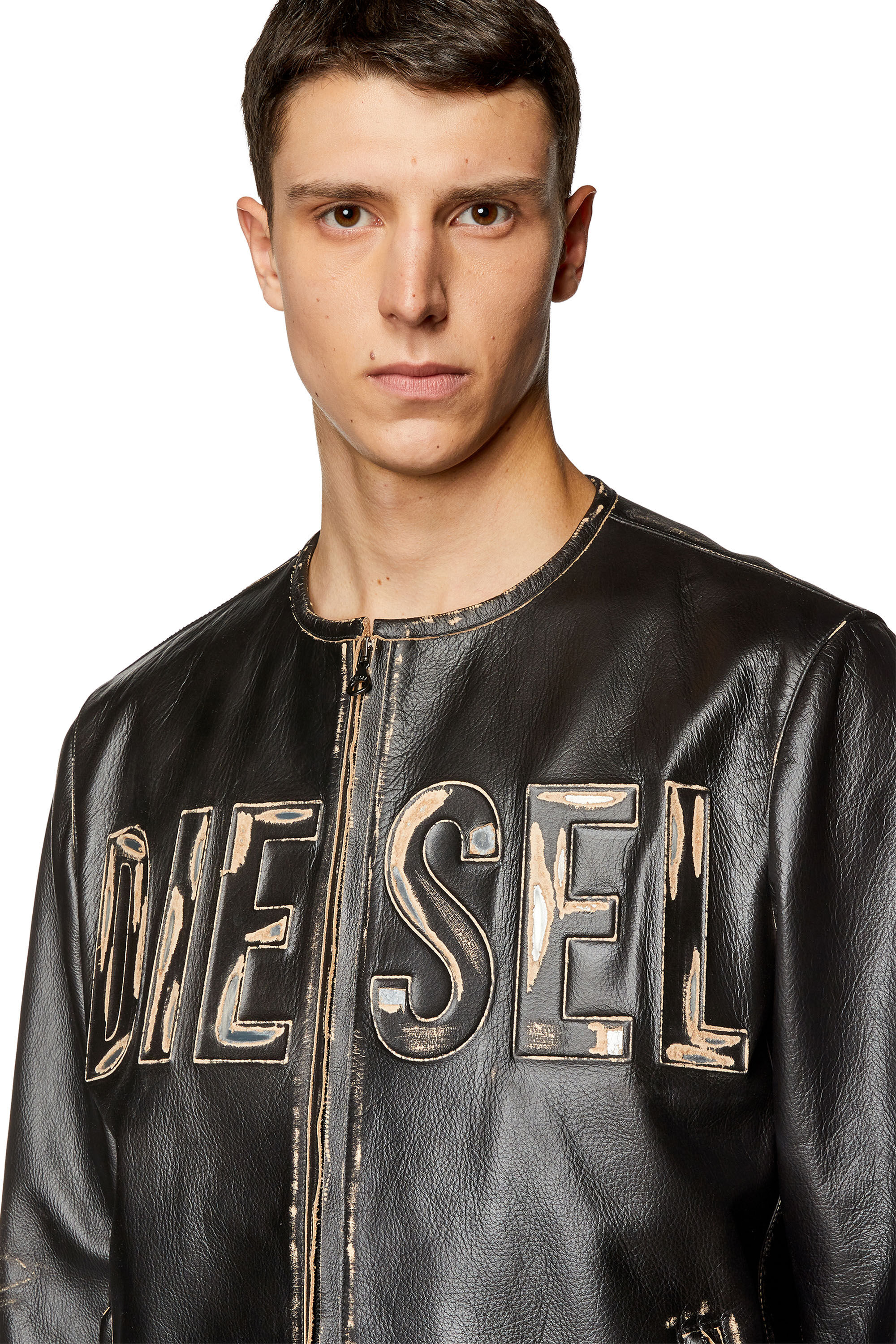 Diesel - L-MET, Male's レザージャケットロゴカウハイドレザー in ブラック - 4