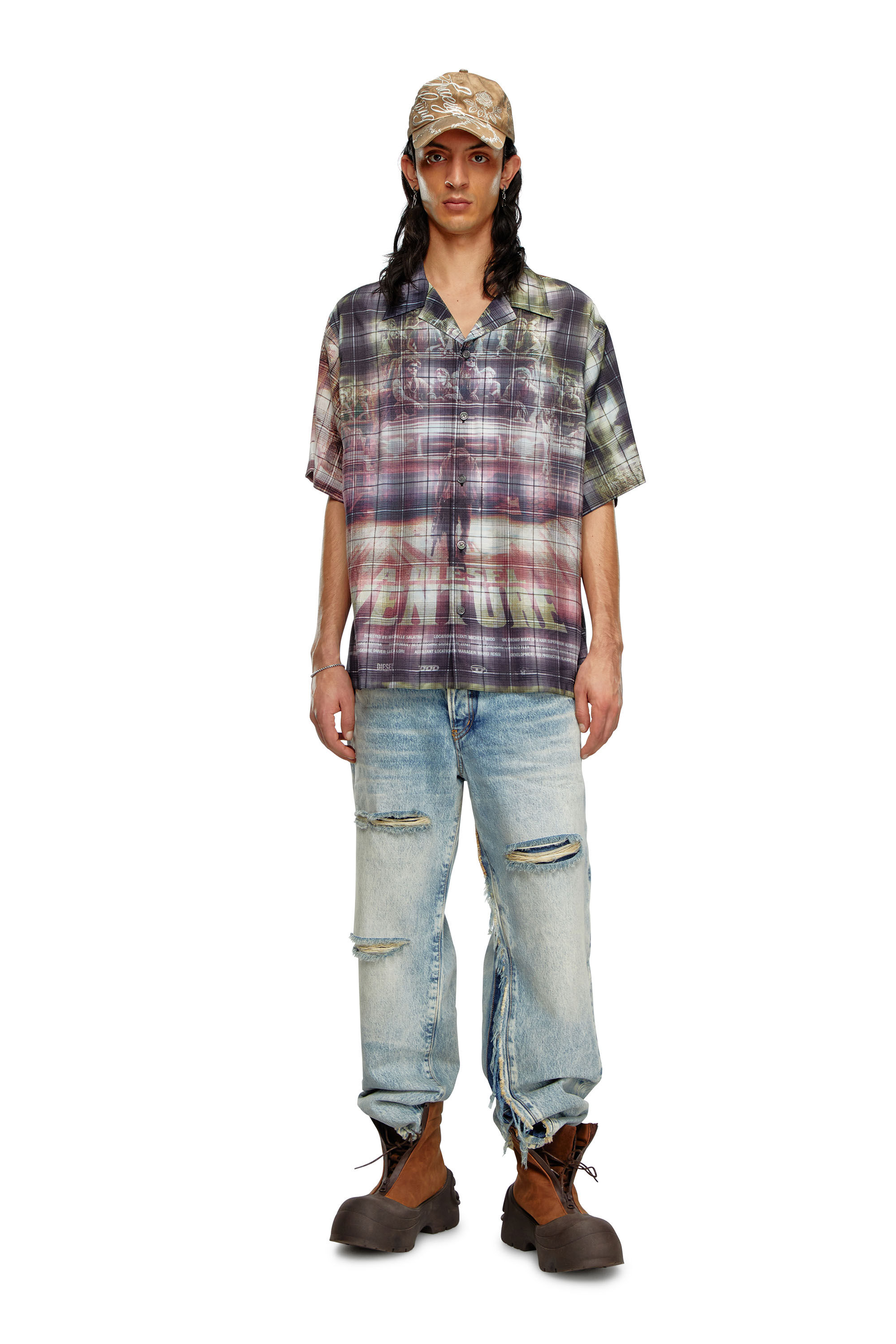 S-TILBORG Short-sleeve check shirt with poster print｜マルチカラー｜メンズ｜DIESEL