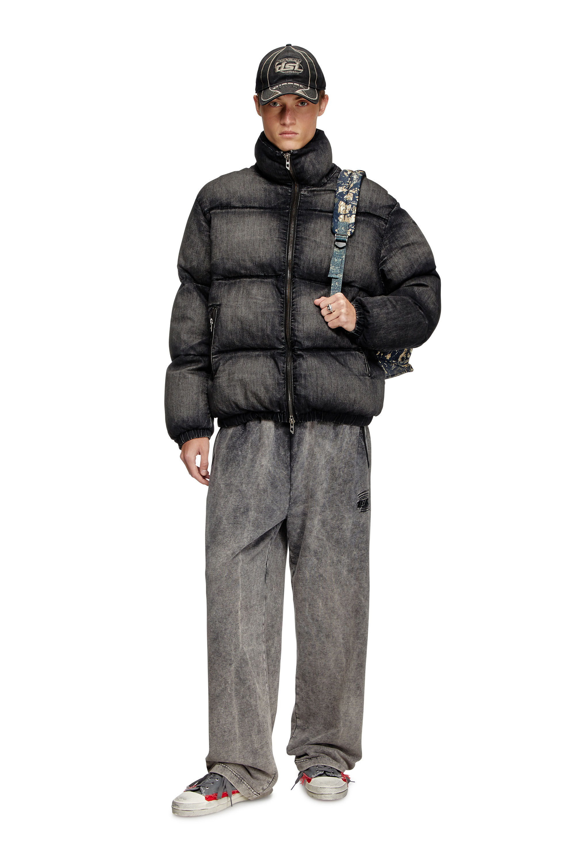Diesel - W-MONS-A, Unisex's Faded denim puffer jacket in ブラック - 1