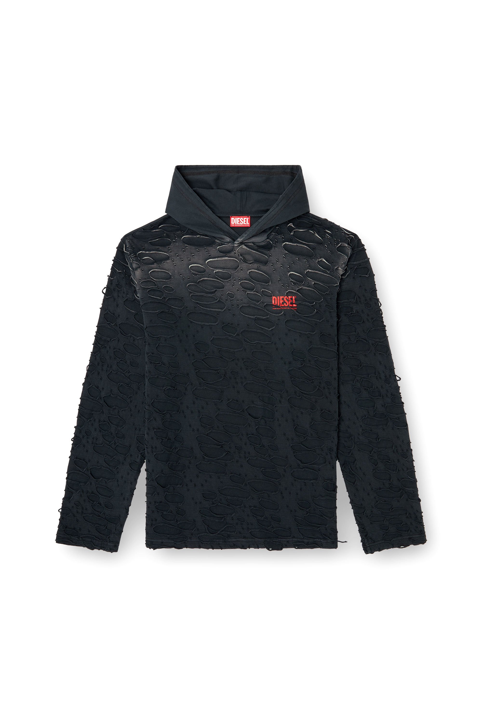 Diesel - T-CRANE-LS-HOOD, Male's Hooded long-sleeve T-shirt with holes in ブラック - 2
