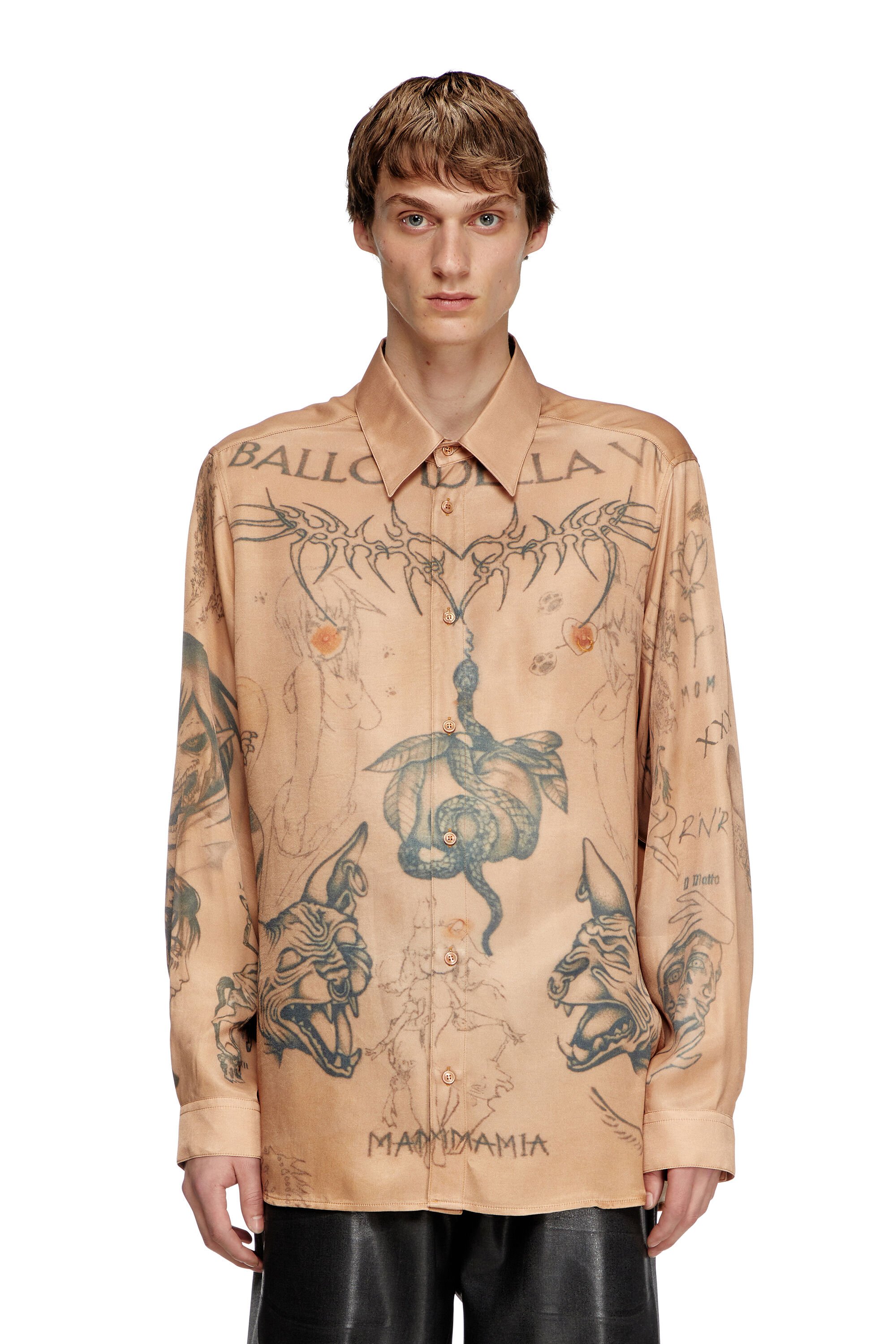 Diesel - S-SIMPLY-TTO-DD, Unisex's Fluid satin shirt with tattoo print in ベージュ - 5