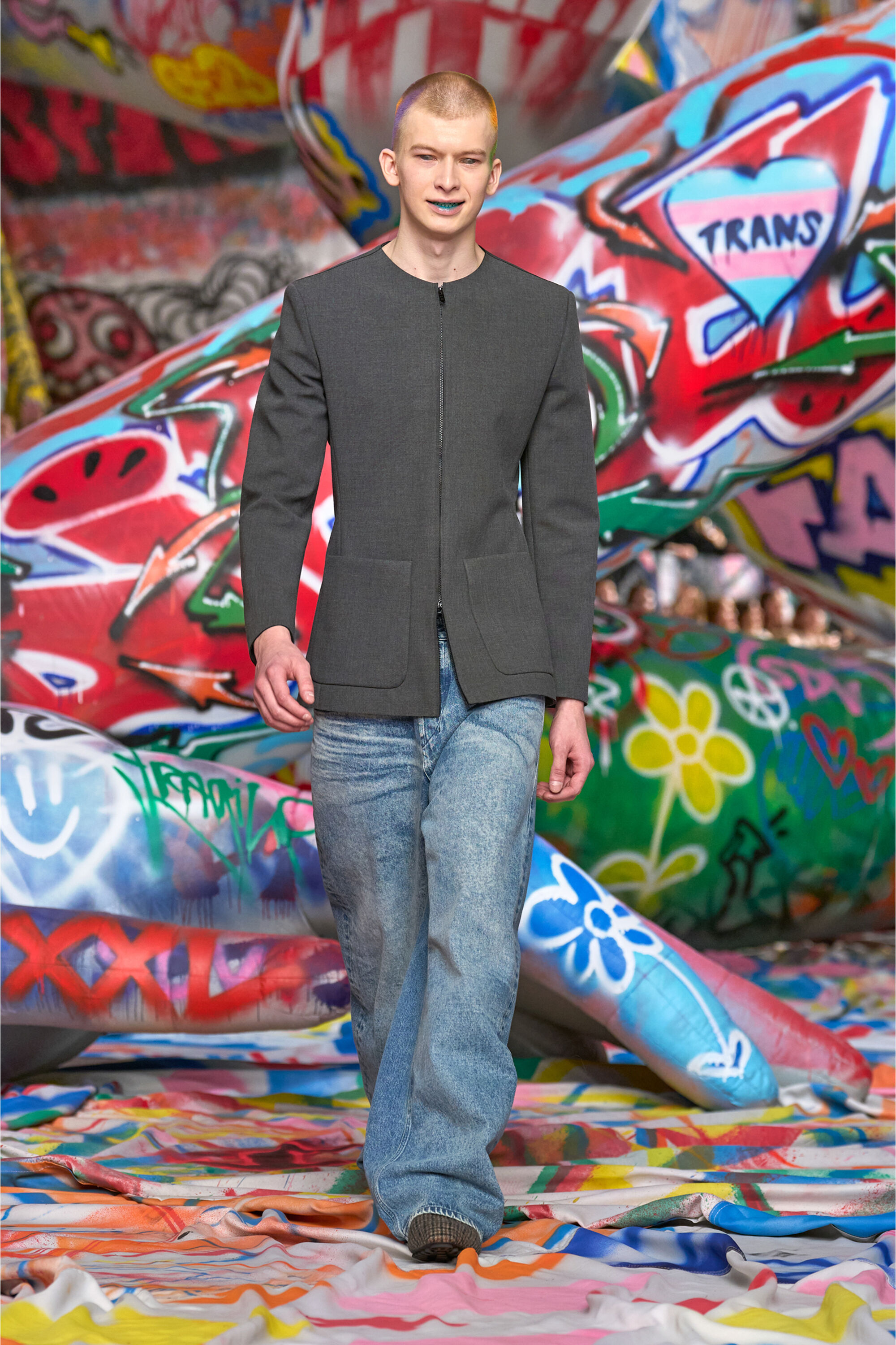 J-CESAR-NEO Collarless jacket in neoprene-bonded fabric｜グレー