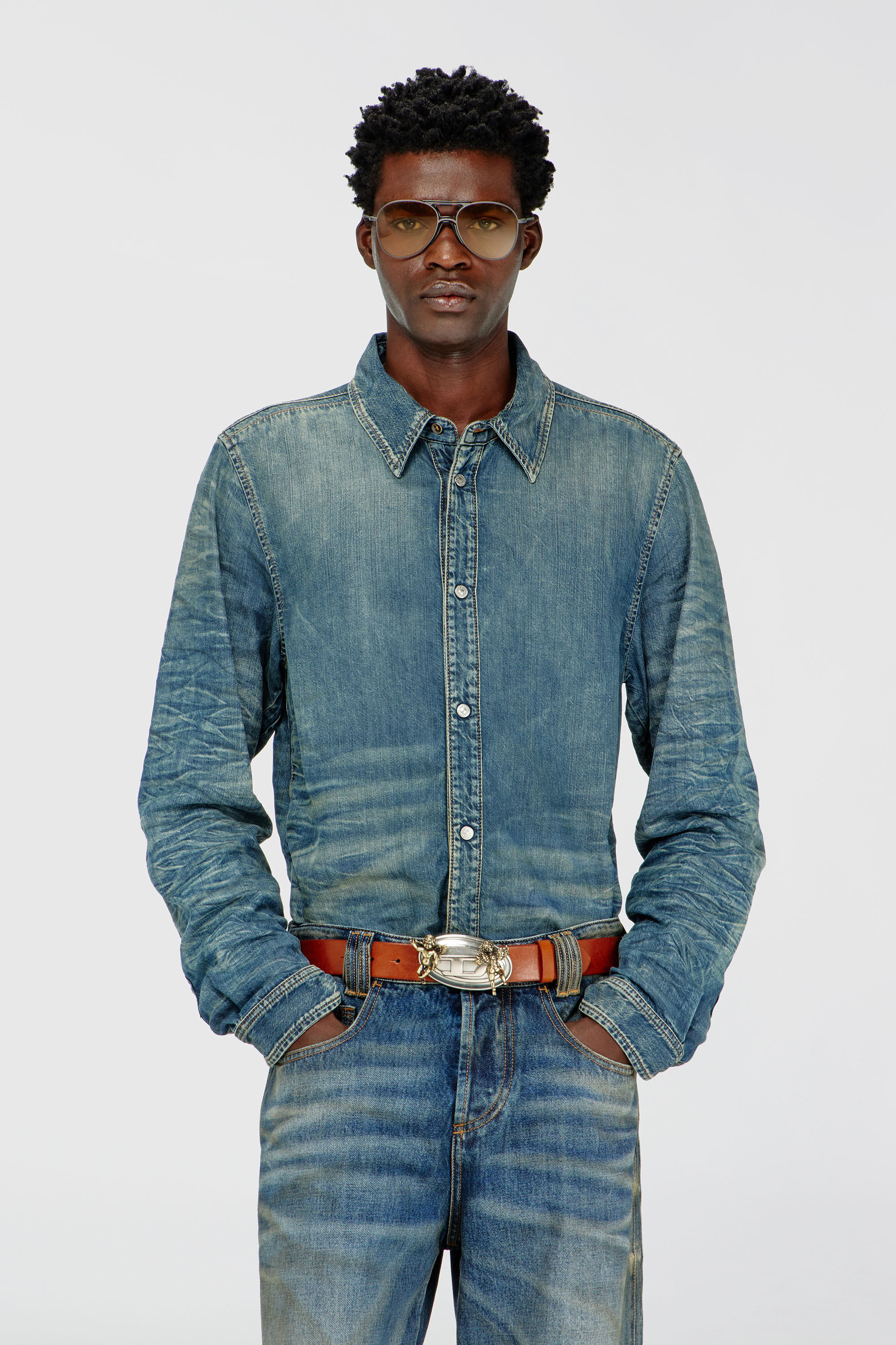 Diesel - D-SYNAR-FSJ4, Male's Shirt in dirty-effect creased denim in null - 3