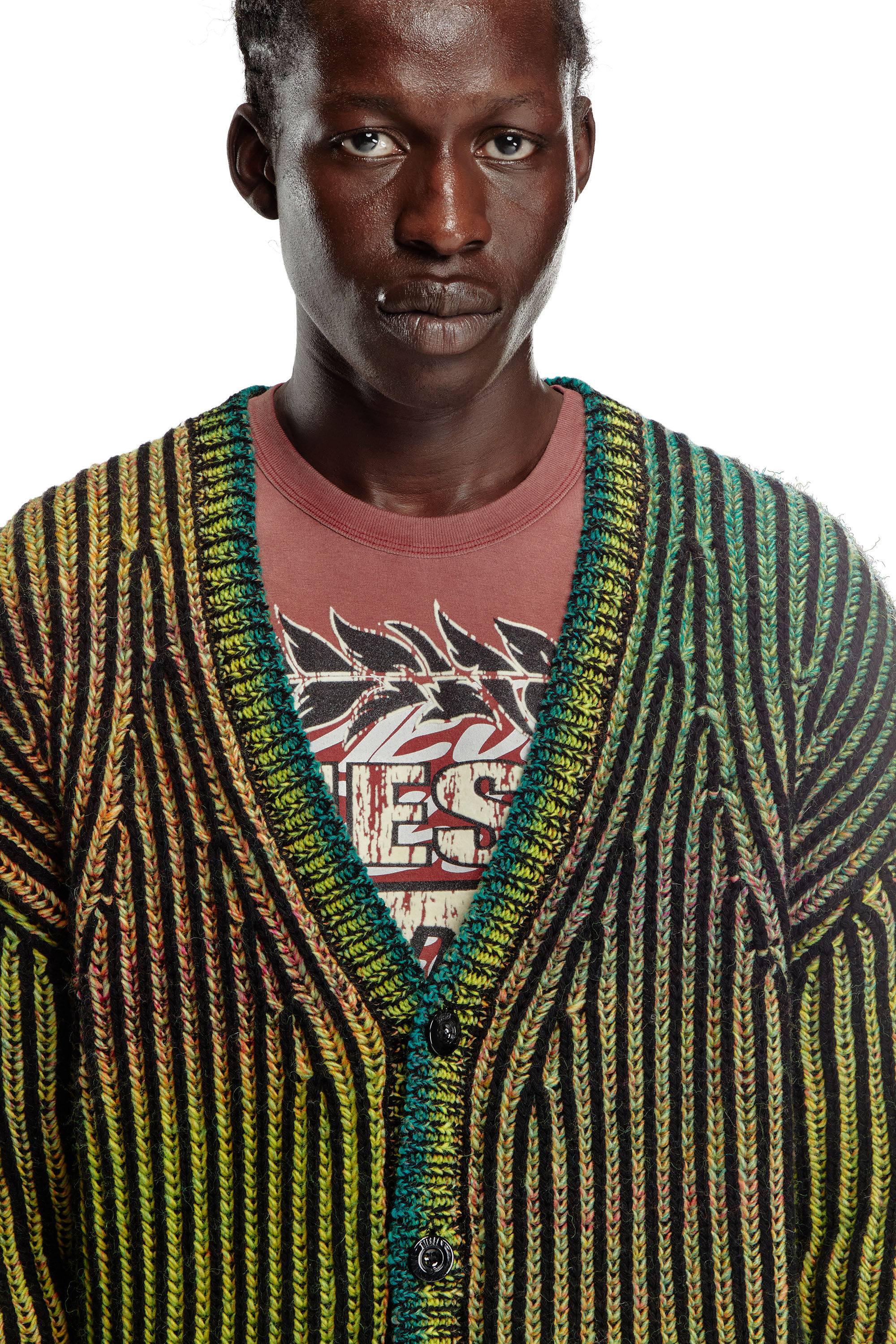 Diesel - K-OAKLAND-CR, Male's Striped ribbed cardigan in wool blend in グリーン - 4
