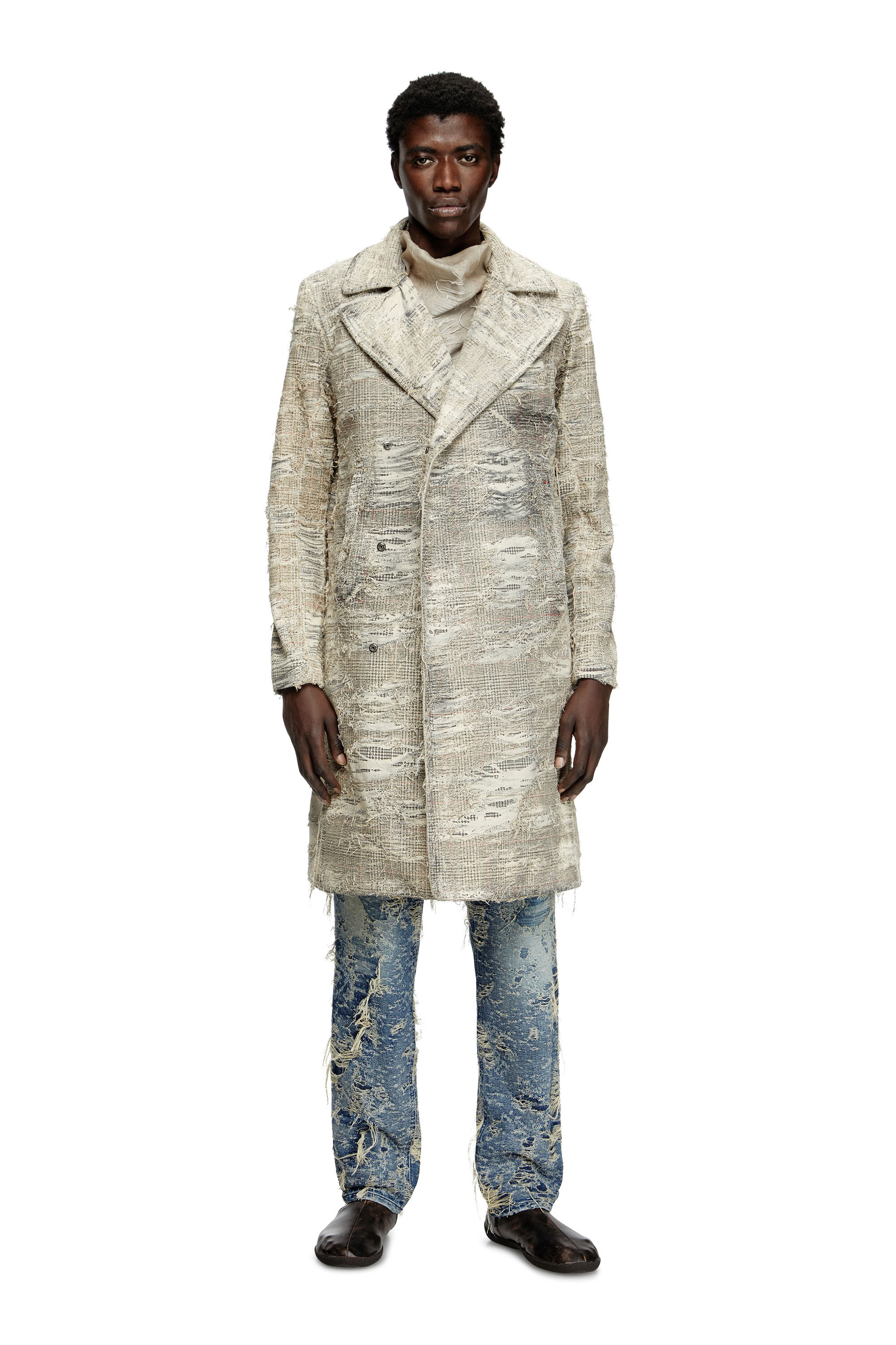 D-ISCO-FSG Coat in distressed Prince of Wales denim｜グレー
