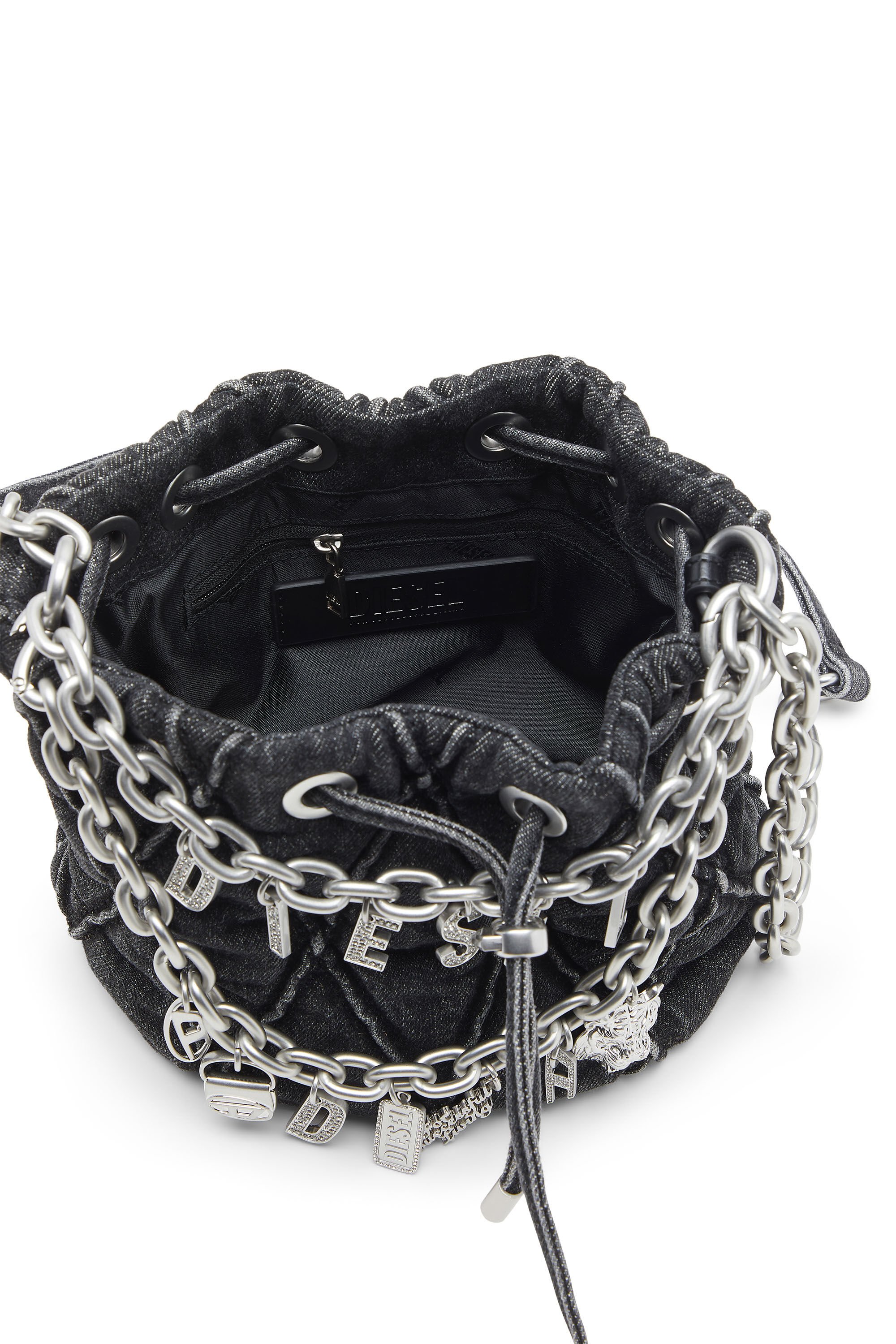 Diesel - HOSHI CHARM-D BUCKET S, Female's Quilted-denim bucket bag with chain charms in ブラック - 4