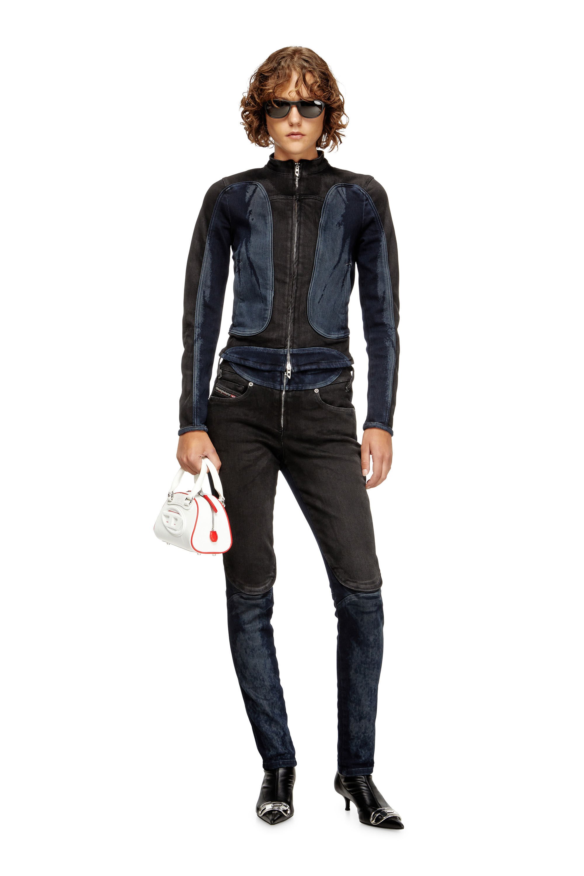Diesel - DE-MORNY-S, Female's Biker-style jacket in bicolour denim in ブラック/ブルー - 1