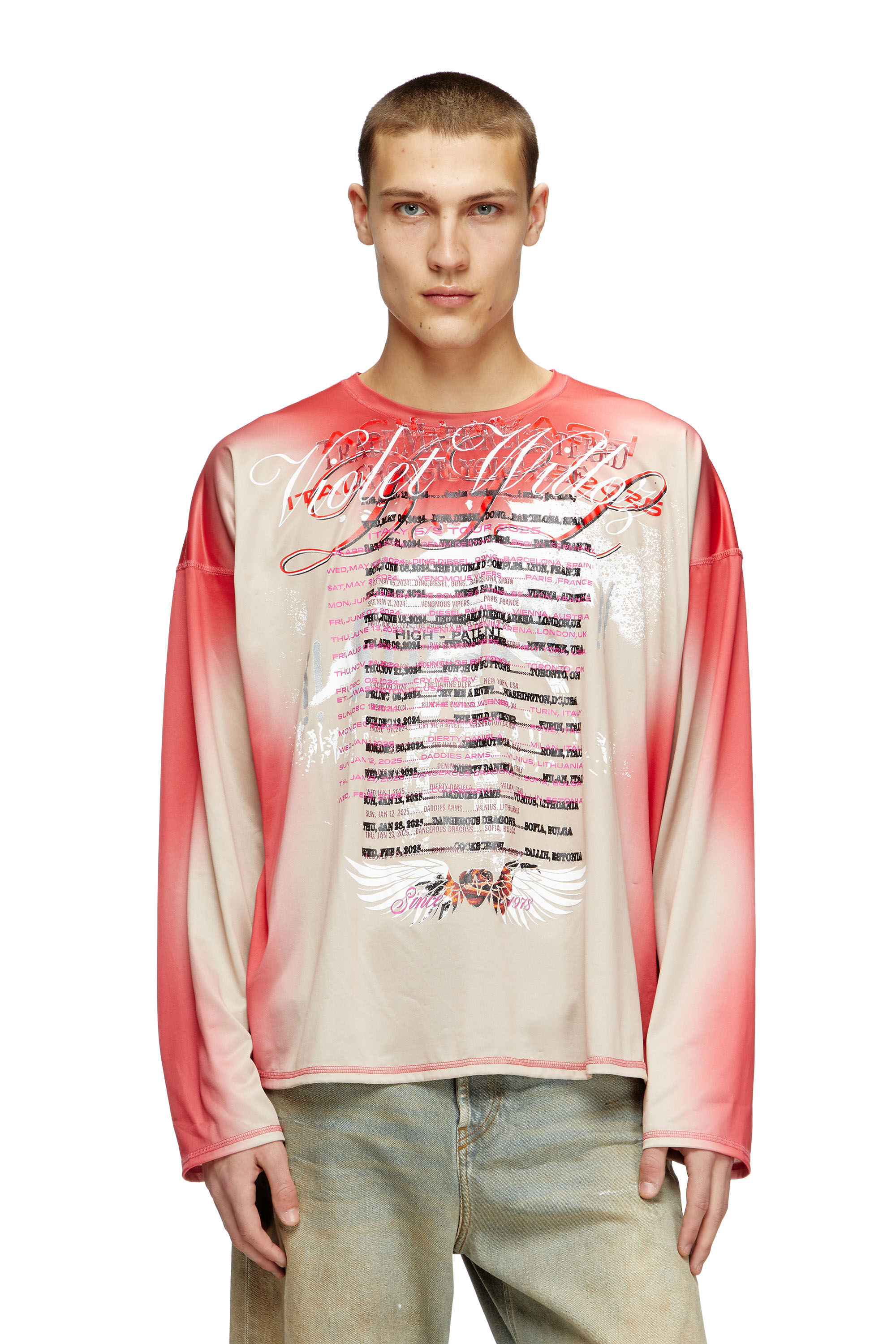 Diesel - T-OLAVI-BB, Unisex's Long-sleeve tech-jersey T-shirt with lyrics print in ピンク / ホワイト - 3