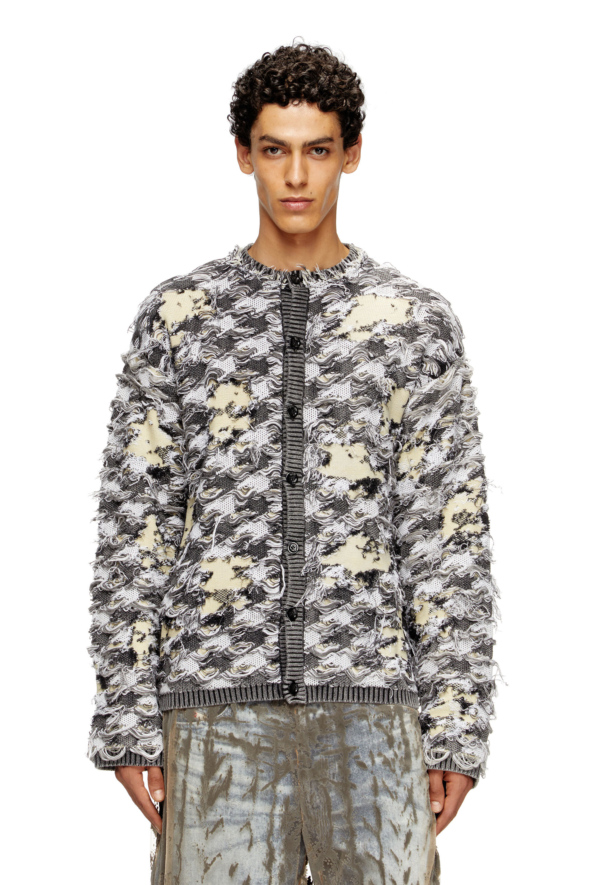 Diesel - K-VALBOR, Male's Cardigan in devor&eacute; houndstooth jacquard in ベージュ/グレー - 3