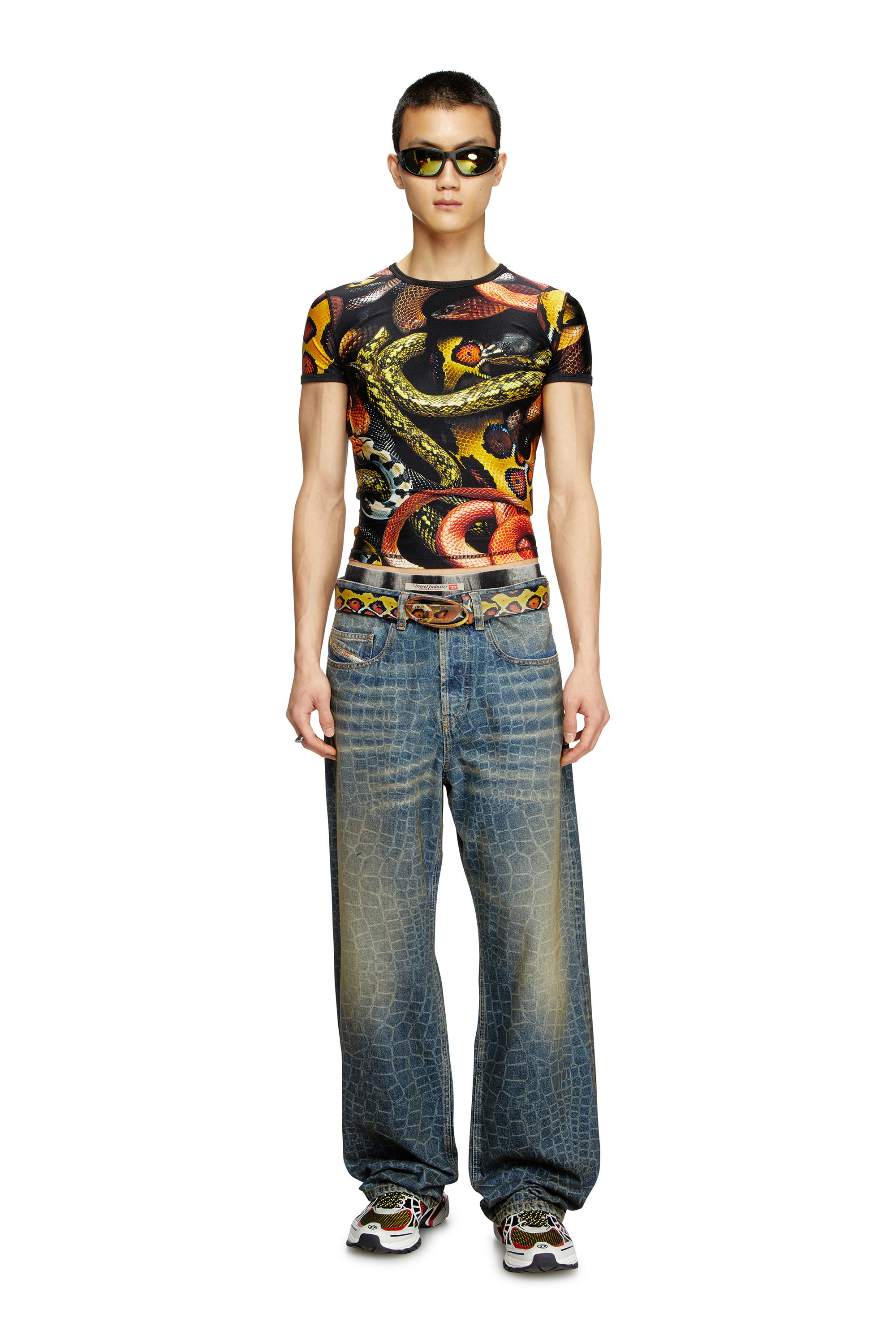 Diesel - CL-T-UNCLE-SNAKE, Unisex's Lycra T-shirt with all-over snake print in ブラック/イエロー - 1