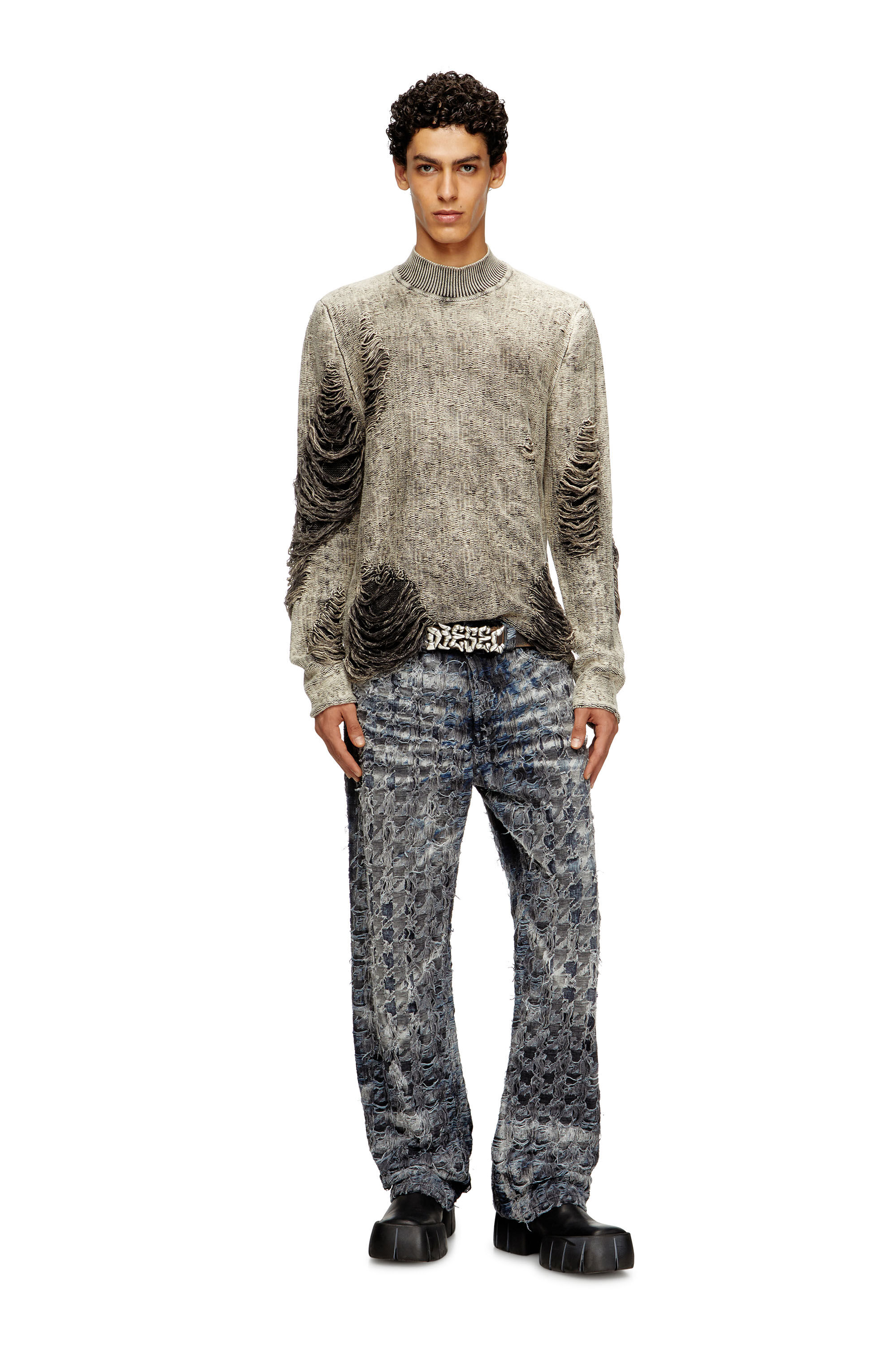 Diesel - K-FJORDI, Male's Destroyed jumper with floating yarns in グレー - 1