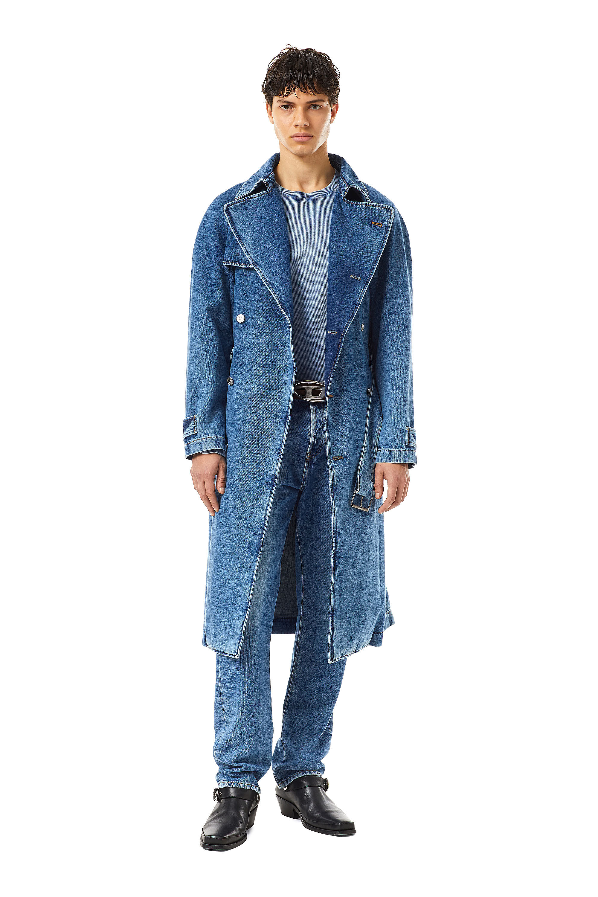 Diesel - D-DELIRIOUS DOUBLE BREASTED TRENCH COAT, Unisex's デニム トレンチコート in ミディアムブルー - 1