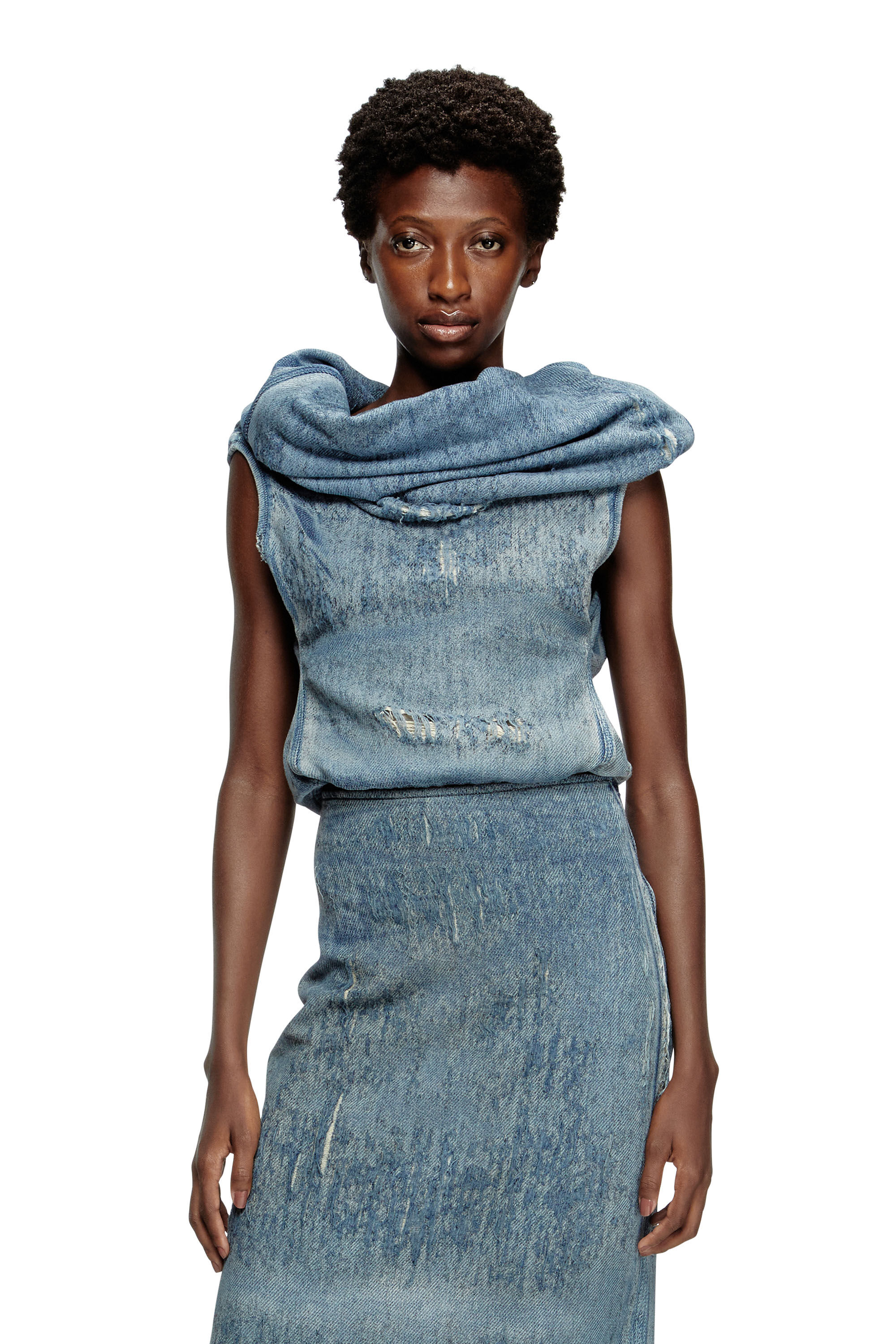 DE-VANIA-FSG Top in ultra-destroyed jacquard denim｜ブルー