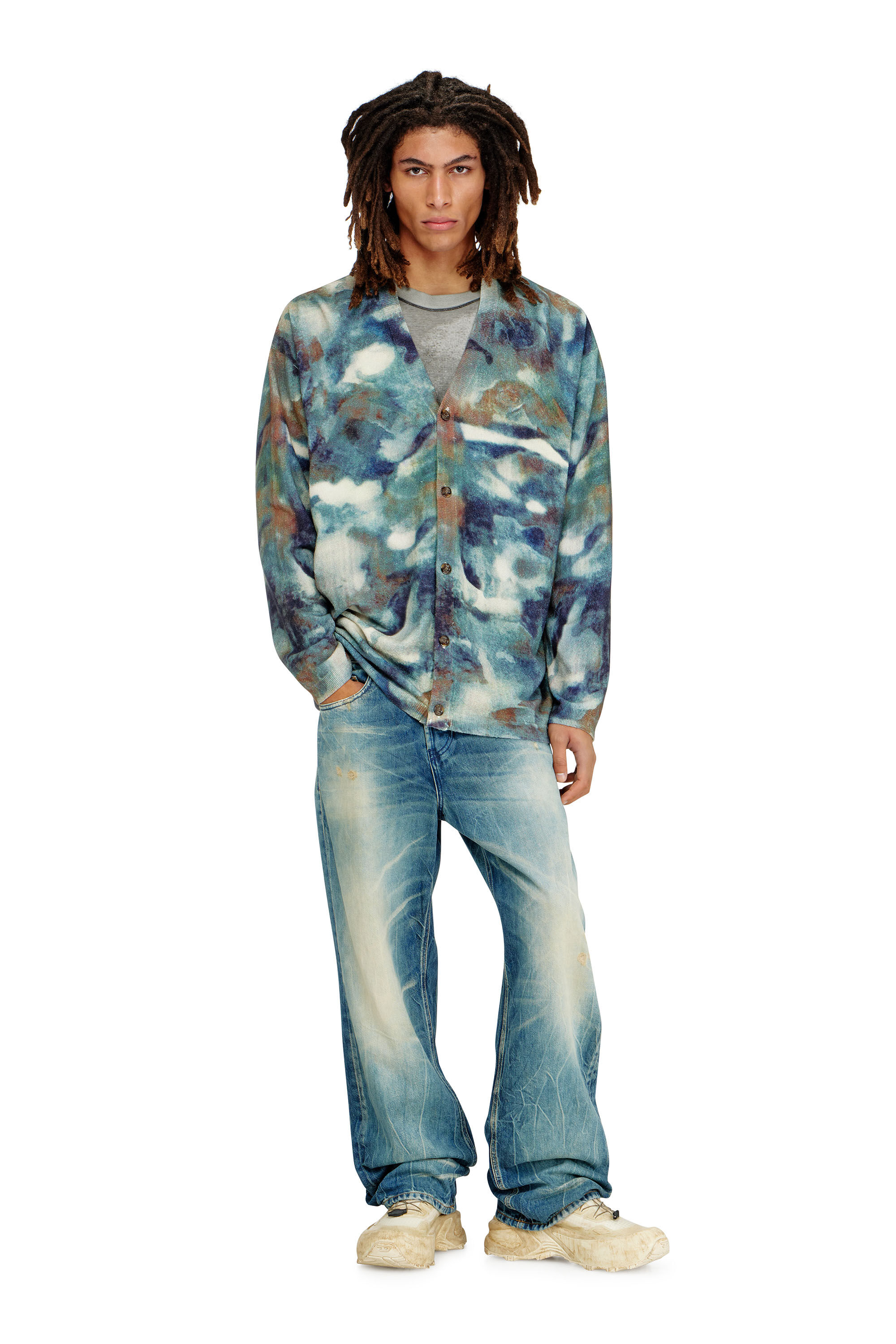 M-ILLUM-CARDIGAN Sponge-yarn cardigan with abstract print｜ブルー