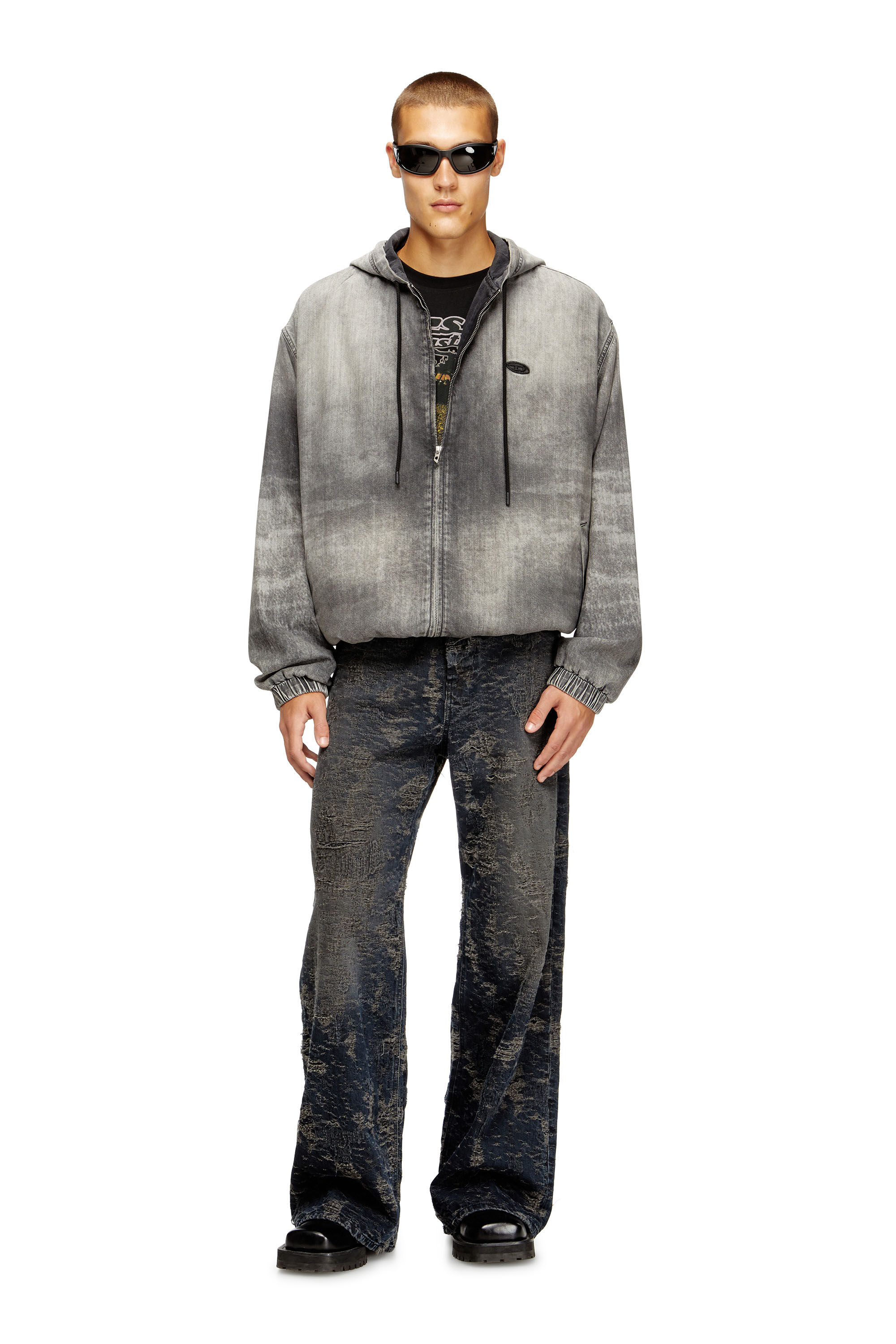 D-OFFY-S Hooded jacket in marbled coated denim｜ブラック