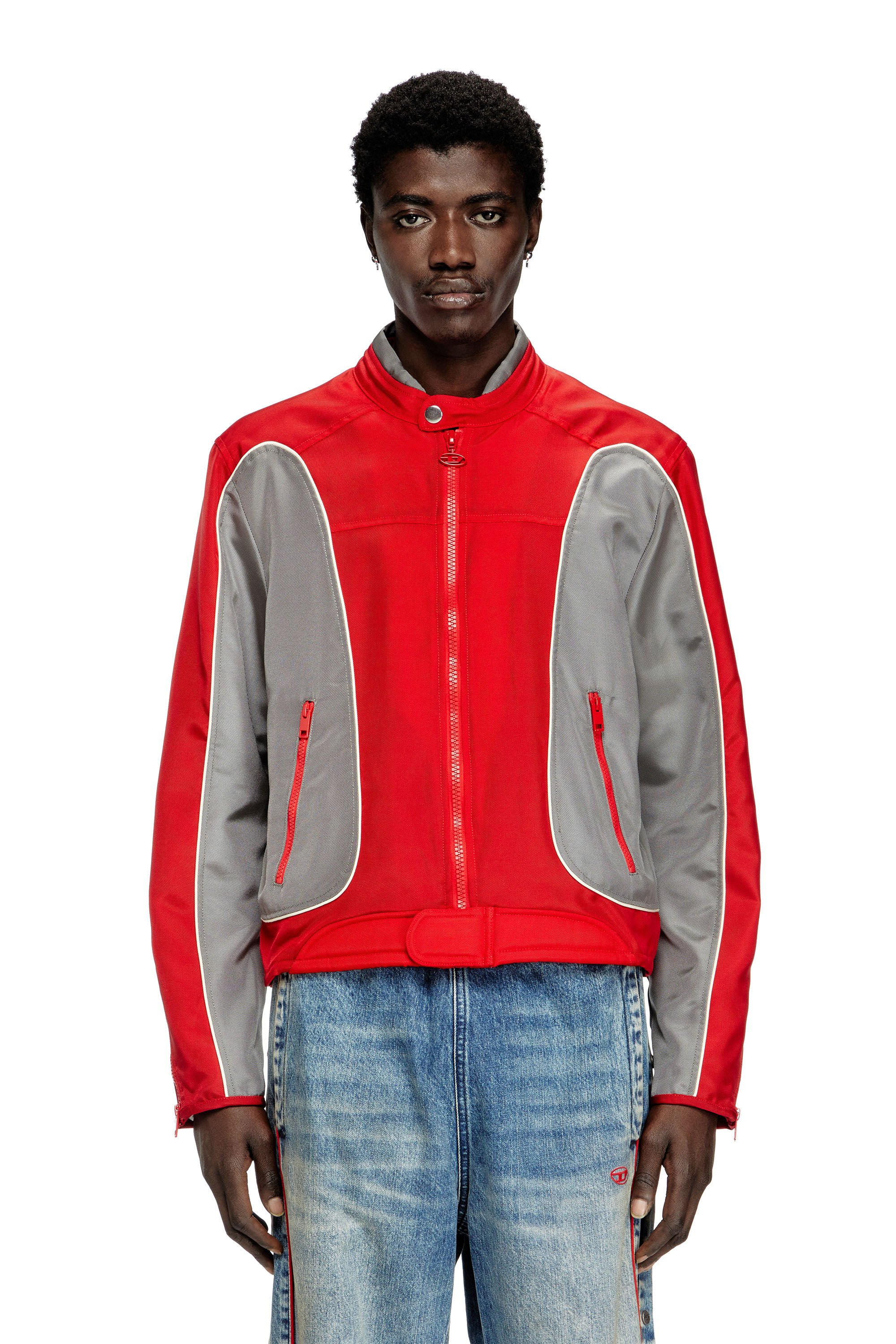 Diesel - J-BLINK-A, Male's Colour-block biker jacket with piping in レッド/グレー - 3