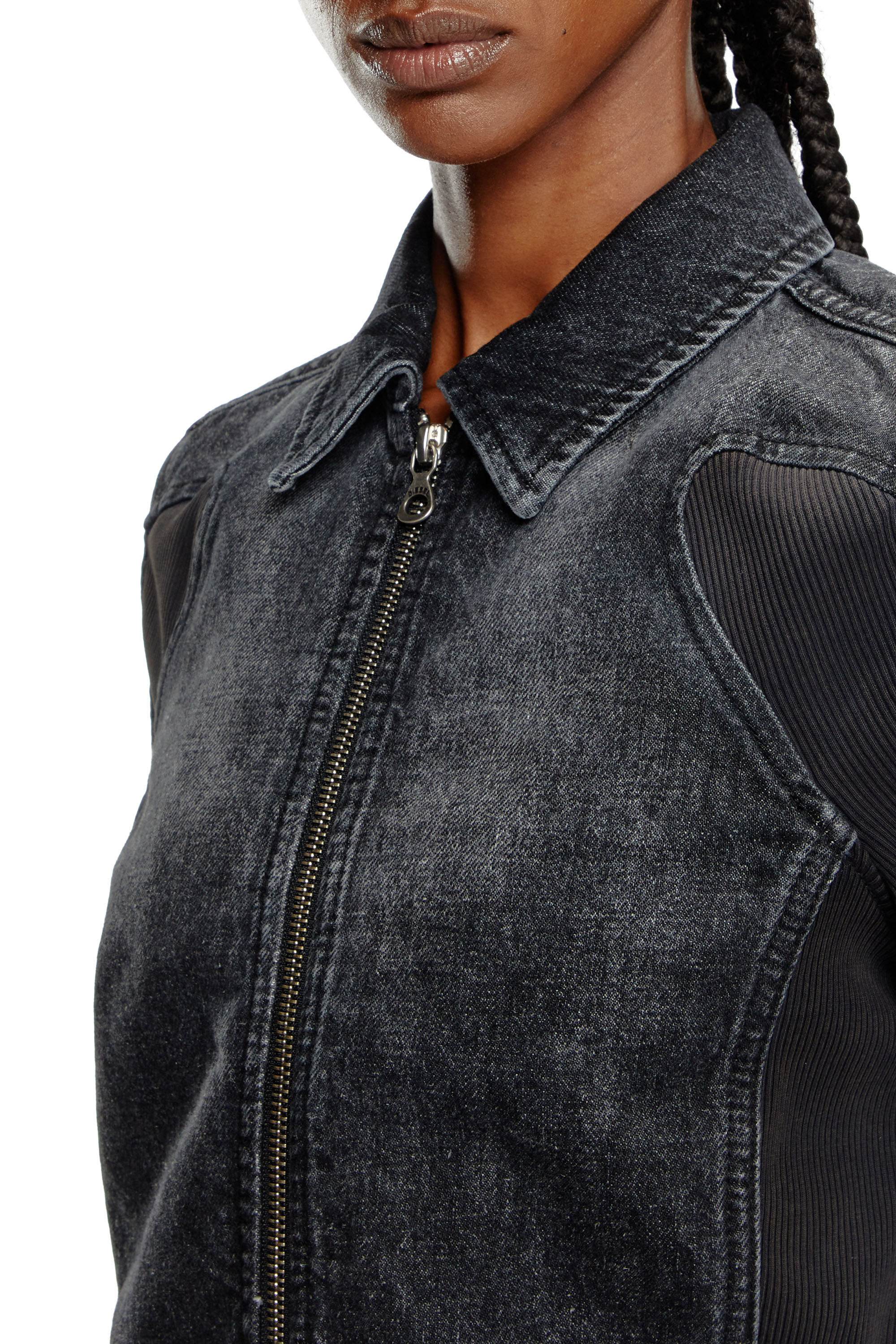 DE-SYLEN-S Short denim jacket with ribbed inserts｜ブラック