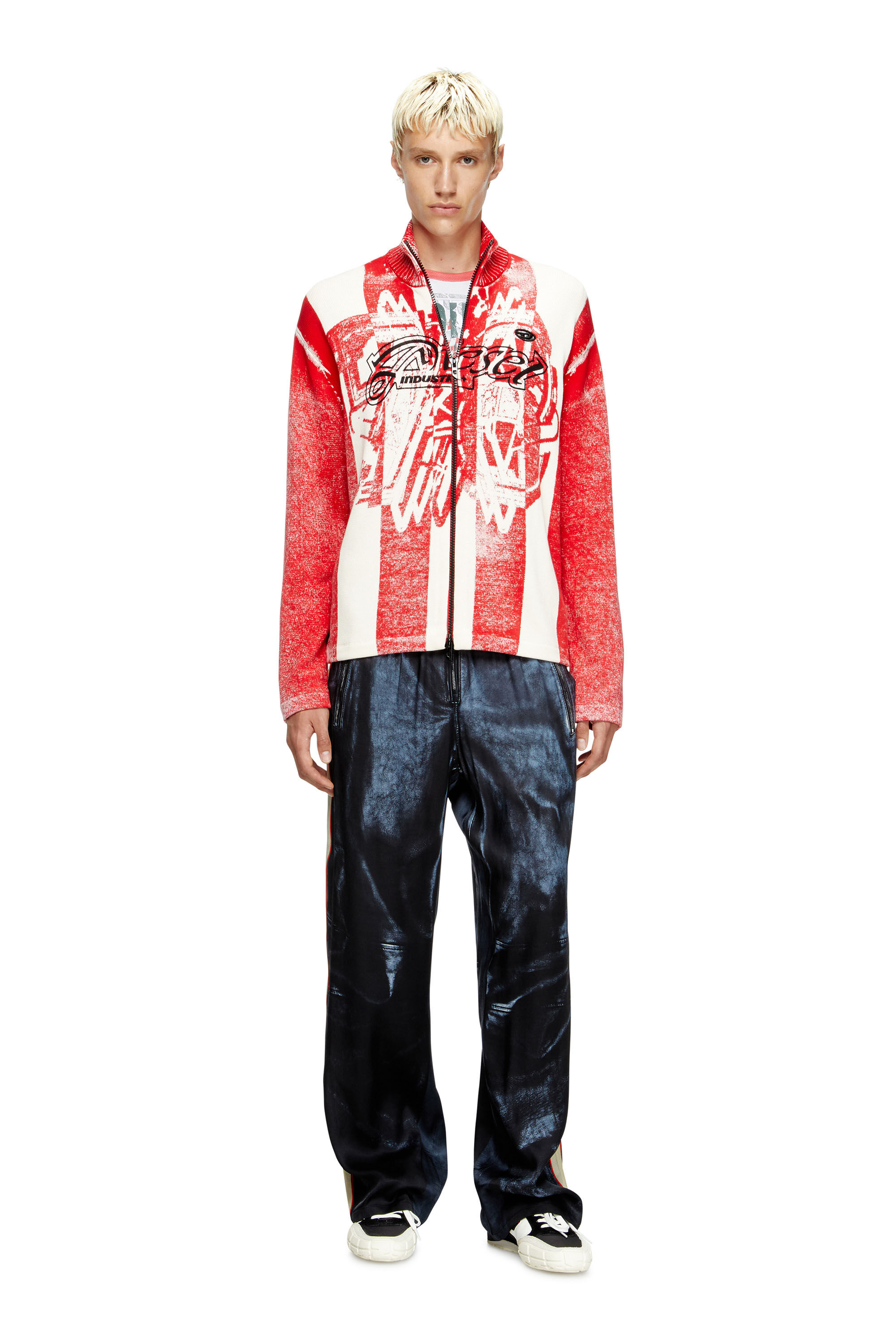 Diesel - K-OLIBA-JKT, Male's Inside-print striped zipped cardigan in レッド/ホワイト - 1