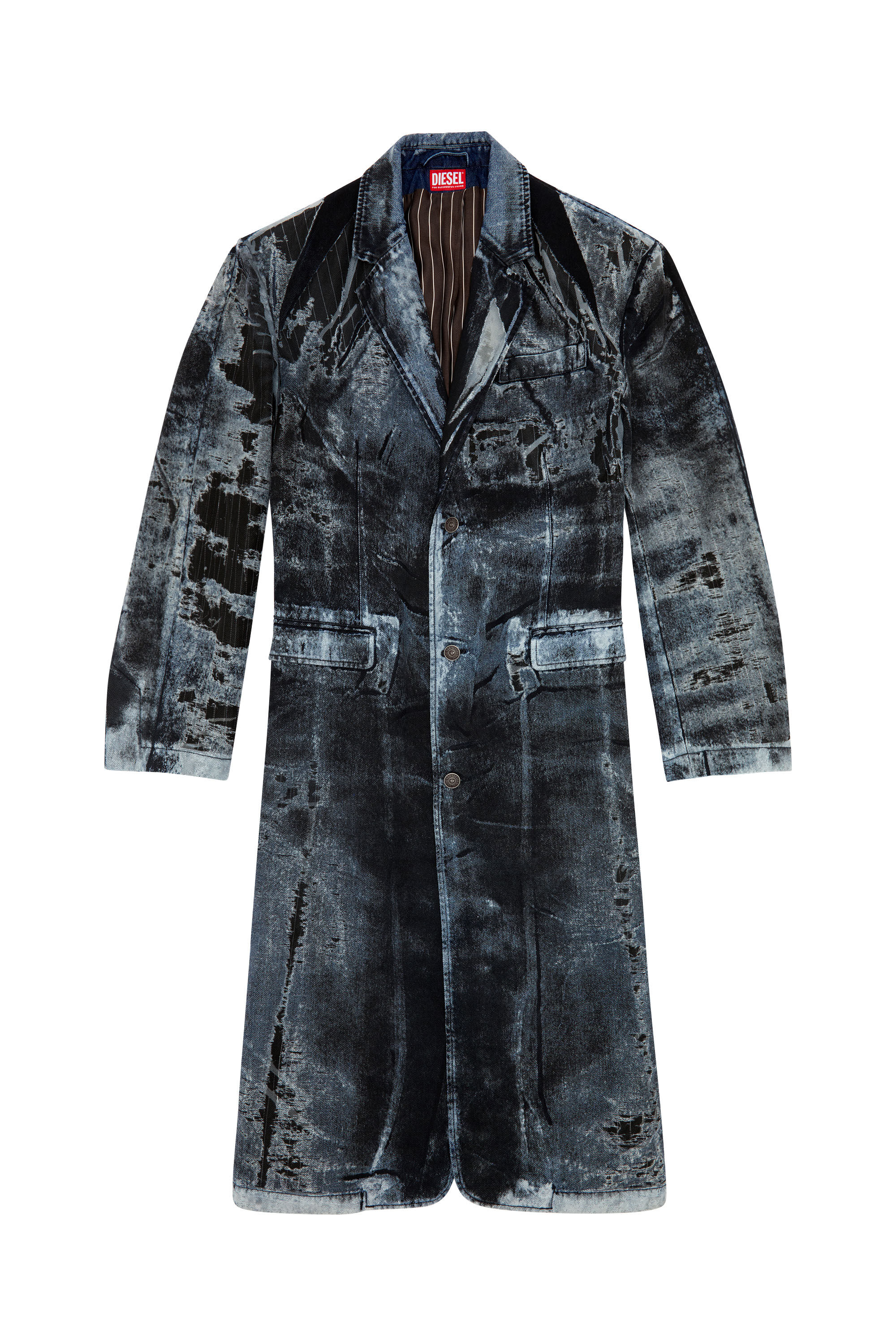 Diesel - D-BLA-LONG-DEV-FSE, Male's Coat in pinstriped devoré denim in ダークブルー - 2