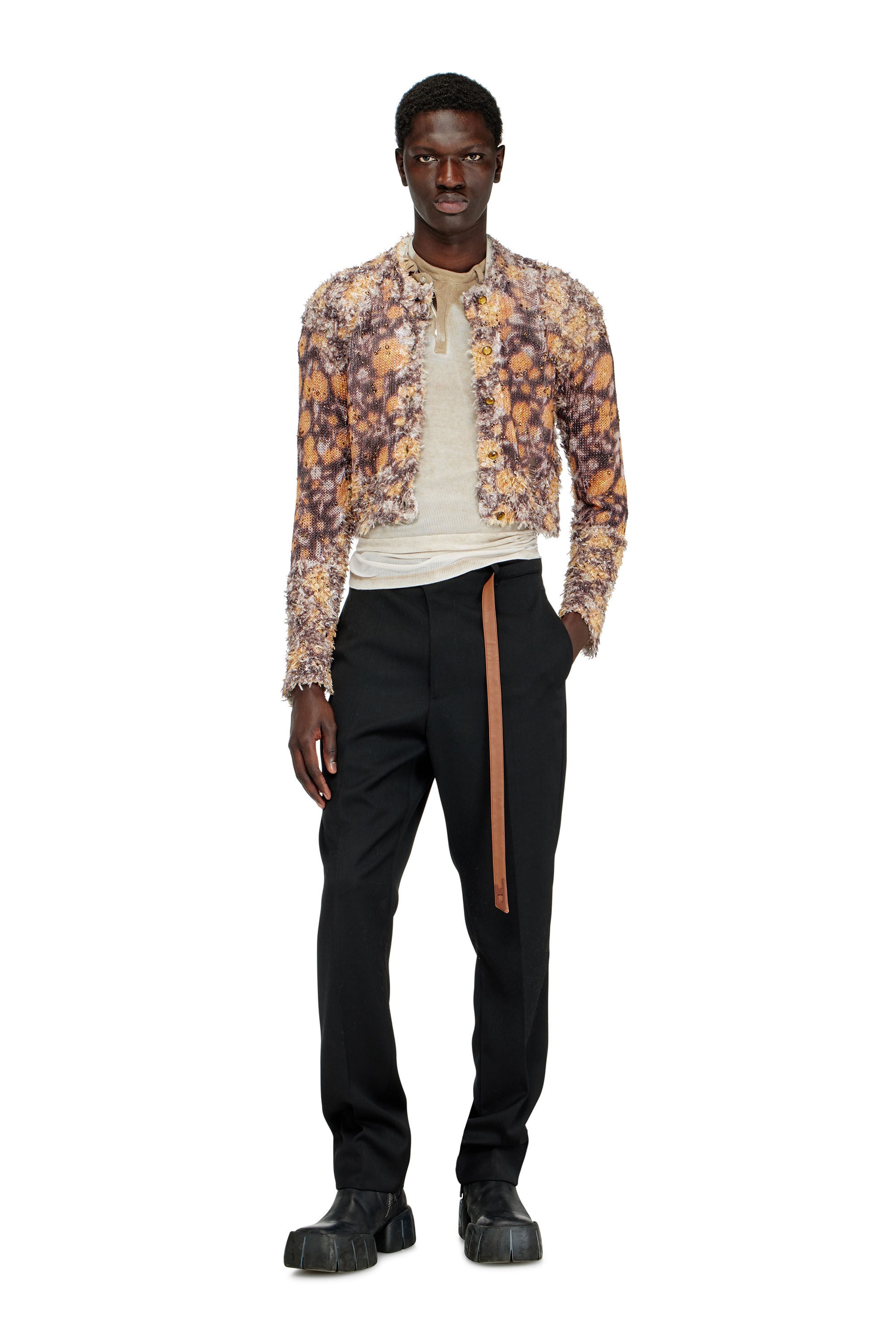 M-LINNEA Printed cropped cardigan with crystals｜ブラウン