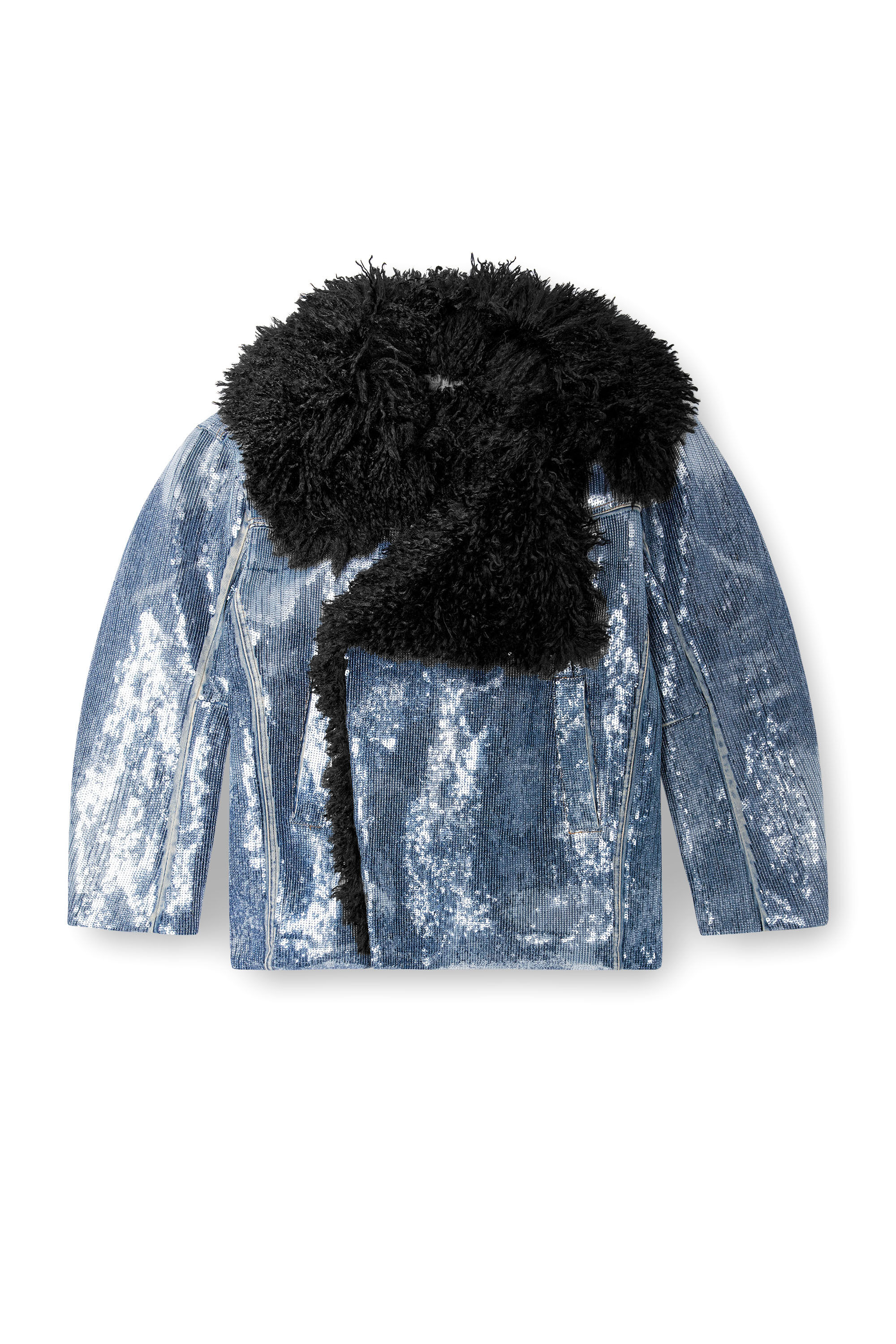 Diesel - DE-BIKA-S, Female's Sequin denim jacket with shaggy collar in ブルー - 2
