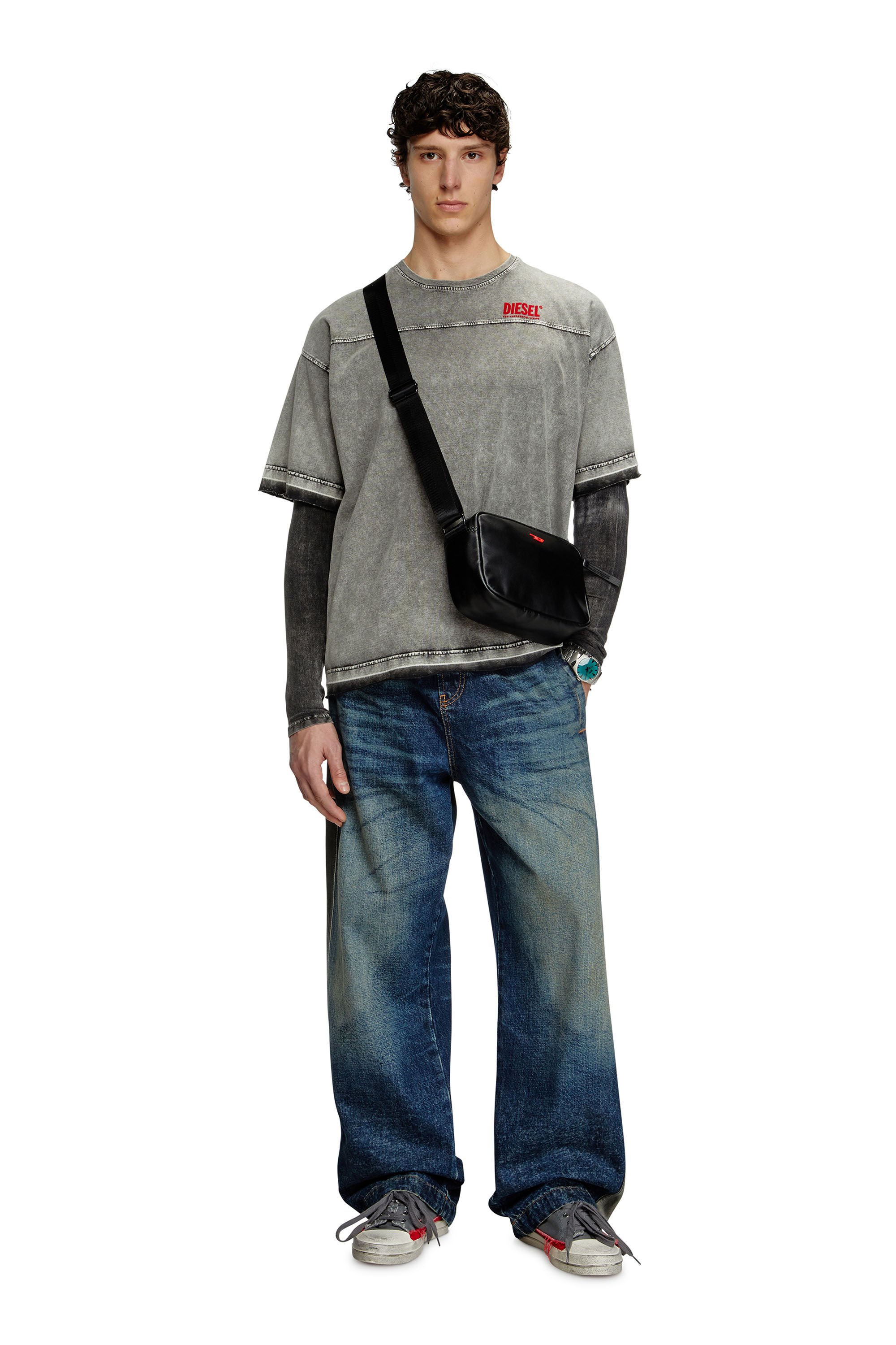 Diesel - T-HOXT, Male's Denim-look T-shirt with released hems in ライトグレー - 1