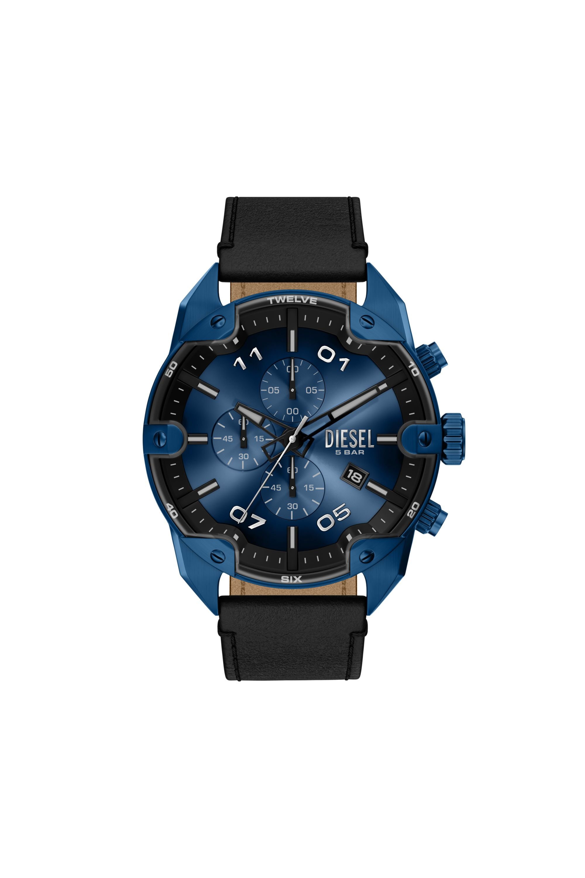 Diesel - DZ4703 WATCH, Male's Spiked Chronograph Black Leather Watch in ブラック/ブルー - 1