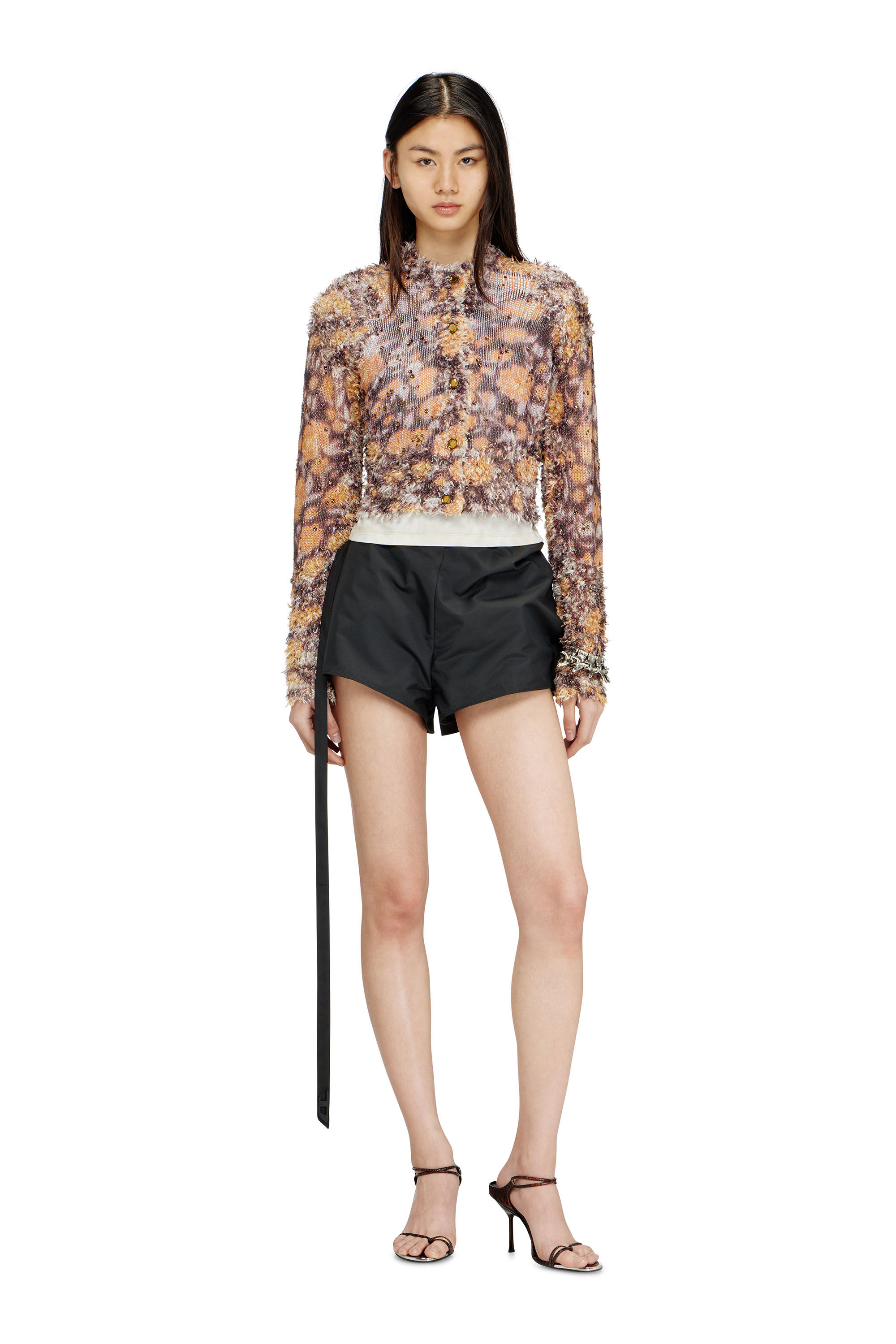 M-LINNEA Printed cropped cardigan with crystals｜ブラウン