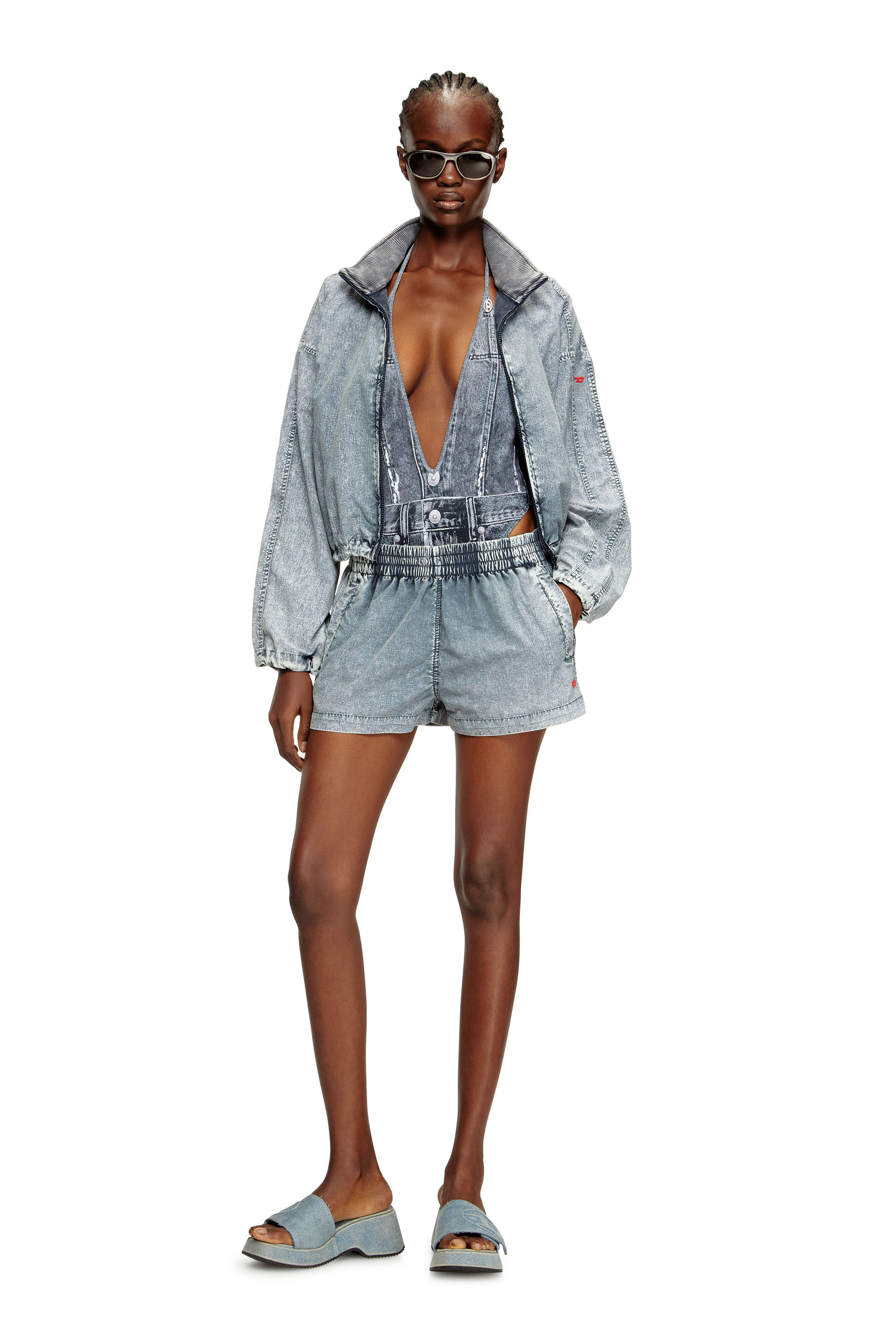 Diesel - KINSLEY-DNM, Female's Plunging swimsuit with denim trompe l'oeil in ブルー - 5