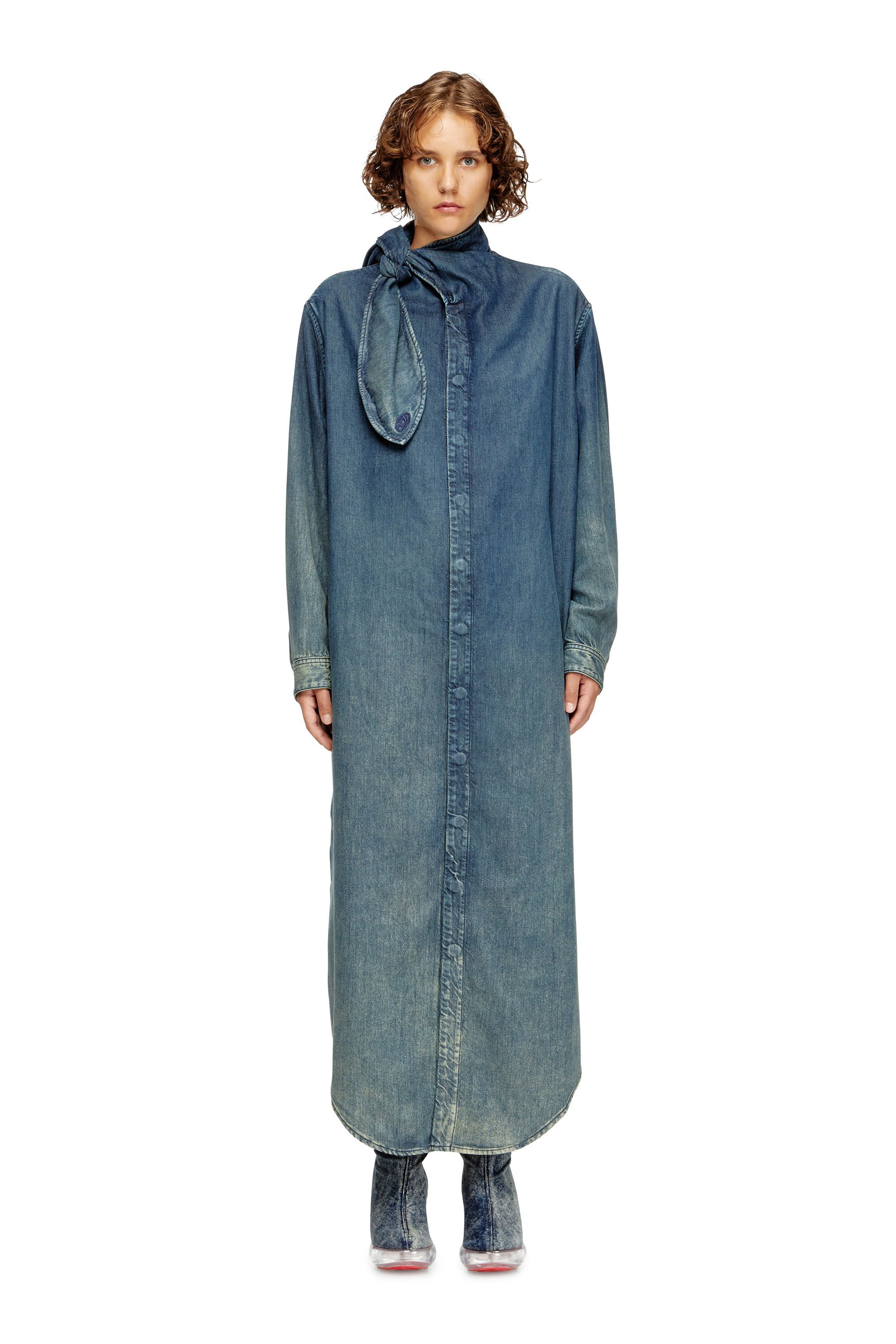 DE-BARBARA-S Long shirt dress in fluid denim｜ブルー｜ウィメンズ