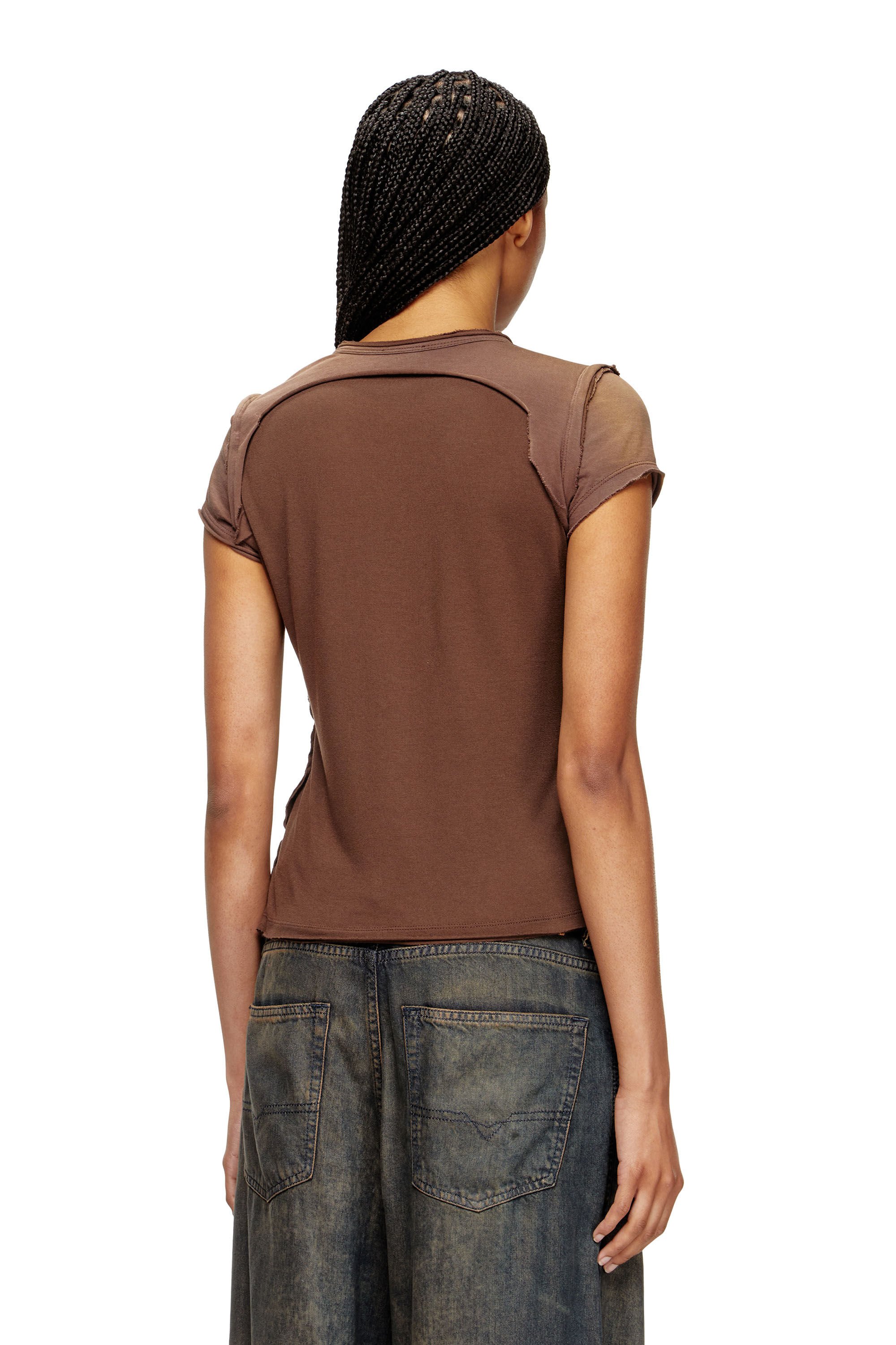 Diesel - T-UNRAWY, Female's Henley T-shirt with peel-off effect in ブラウン - 4