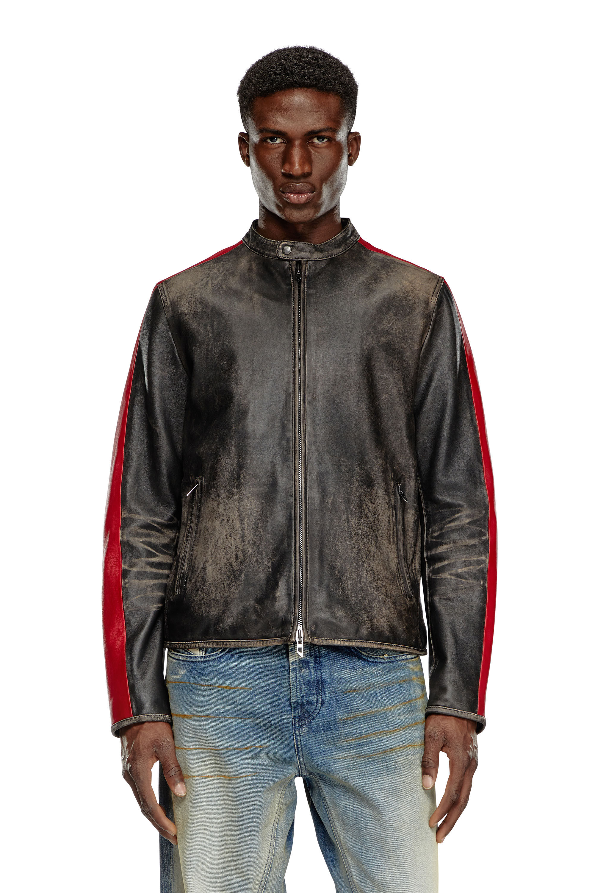 Diesel - L-RENN, Male's Leather jacket with contrasting stripes in ブラック/レッド - 6