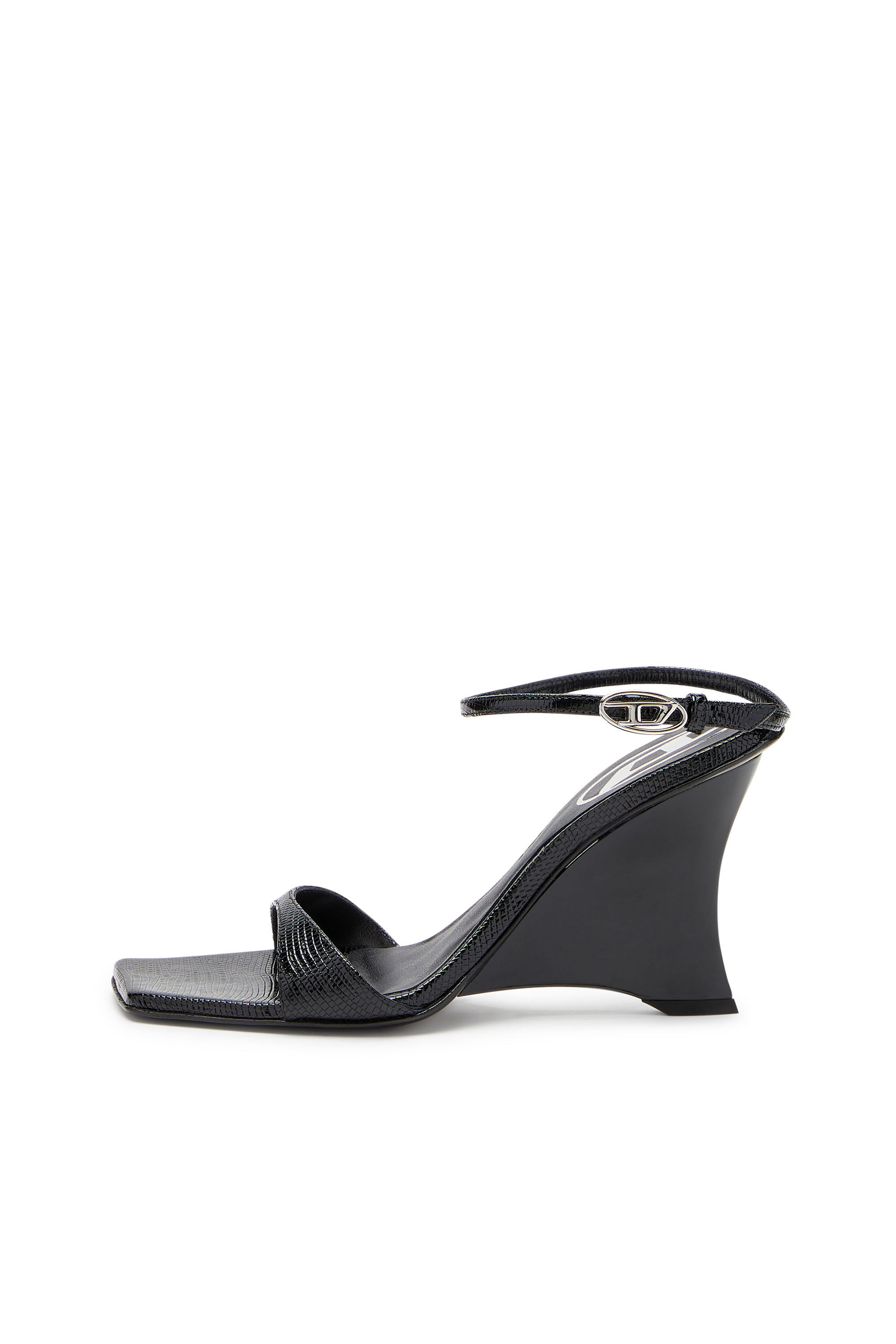 Diesel - D-AMBER SANDAL WEDGE, Female's D-Amber-Wedge sandals in lizard-effect leather in ブラック - 7