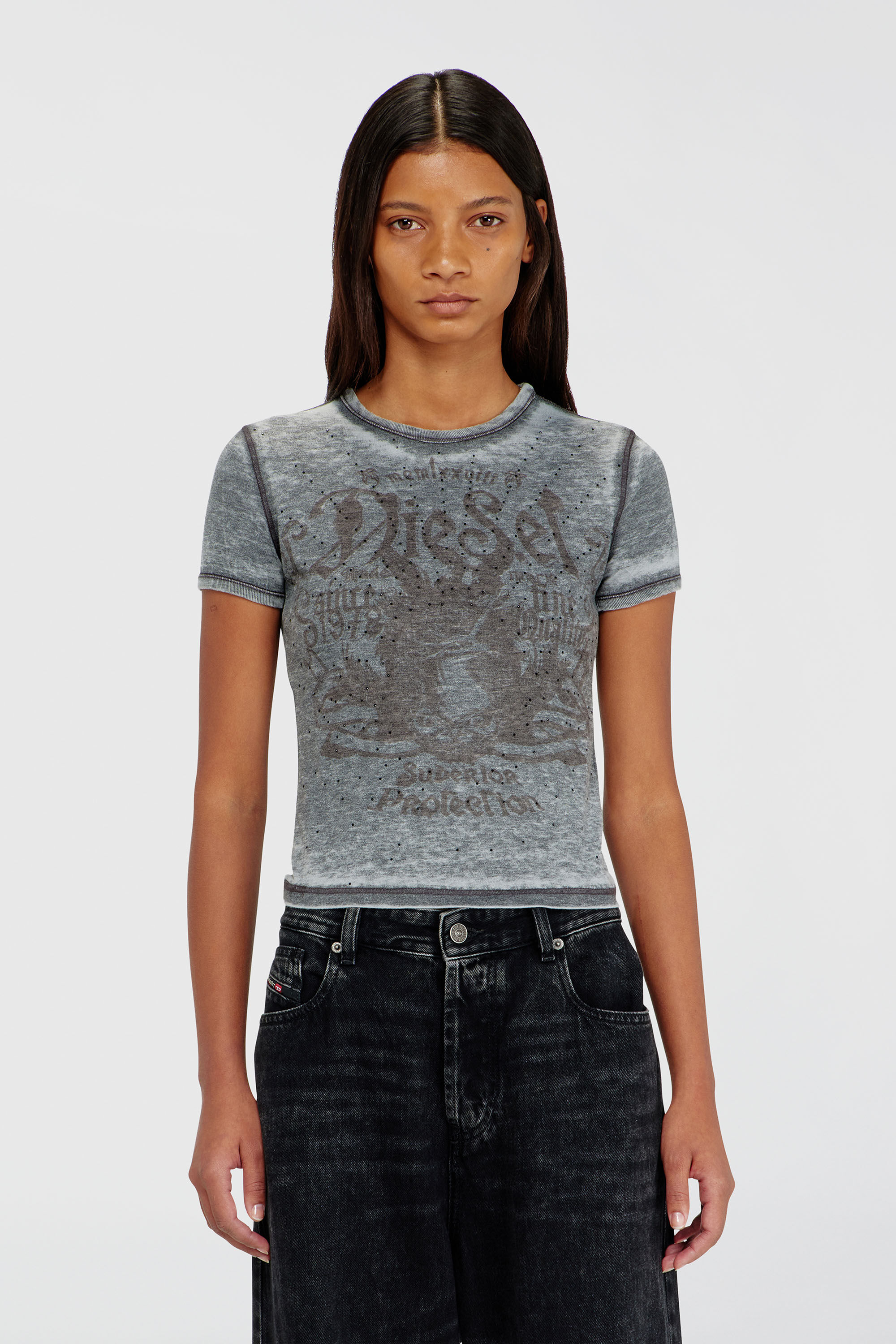 Diesel - T-UNCUTIES-LONG-AA3, Female's Tシャツ in ブルー/グレー - 3