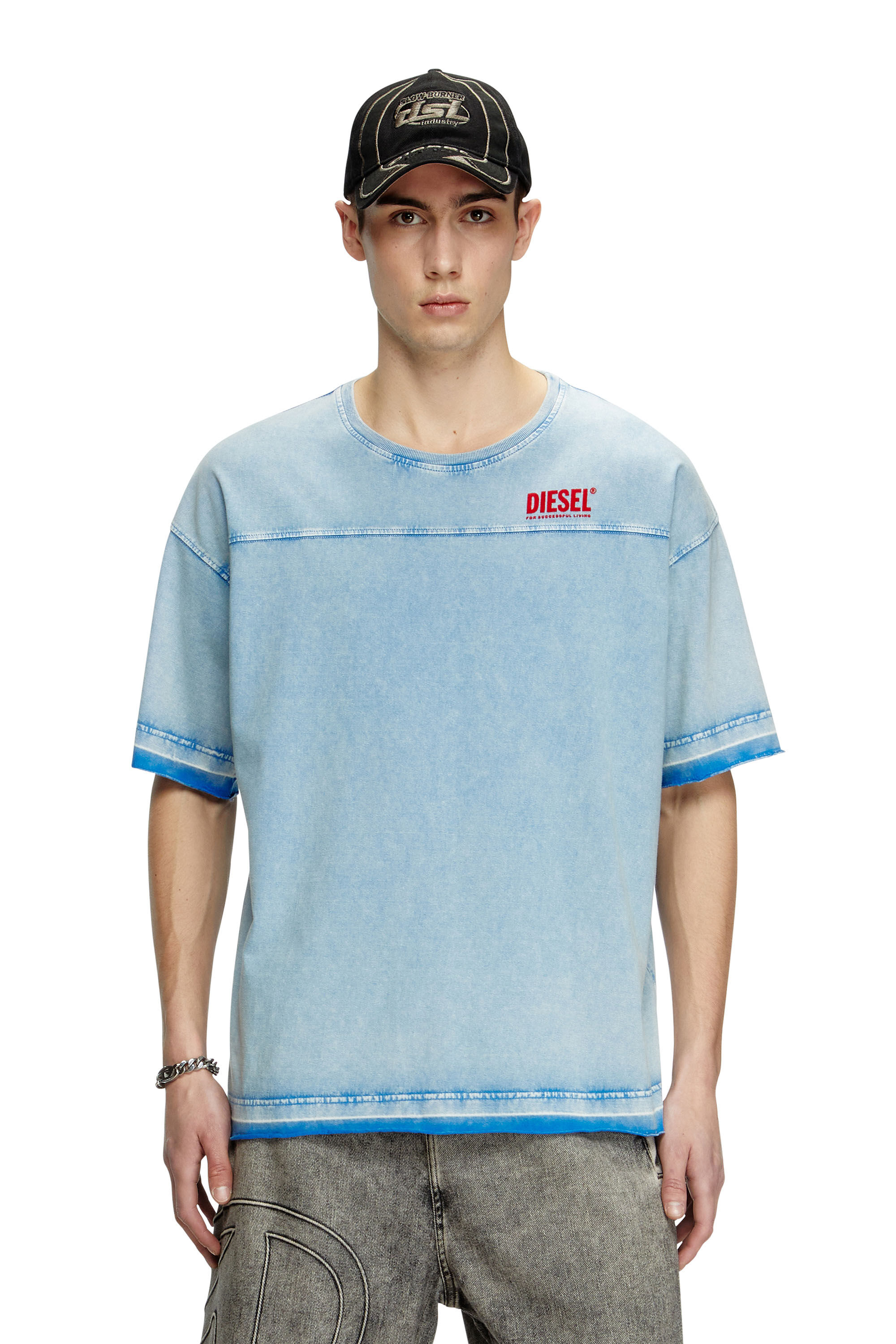 Diesel - T-HOXT, Male's Denim-look T-shirt with released hems in ライトブルー - 3