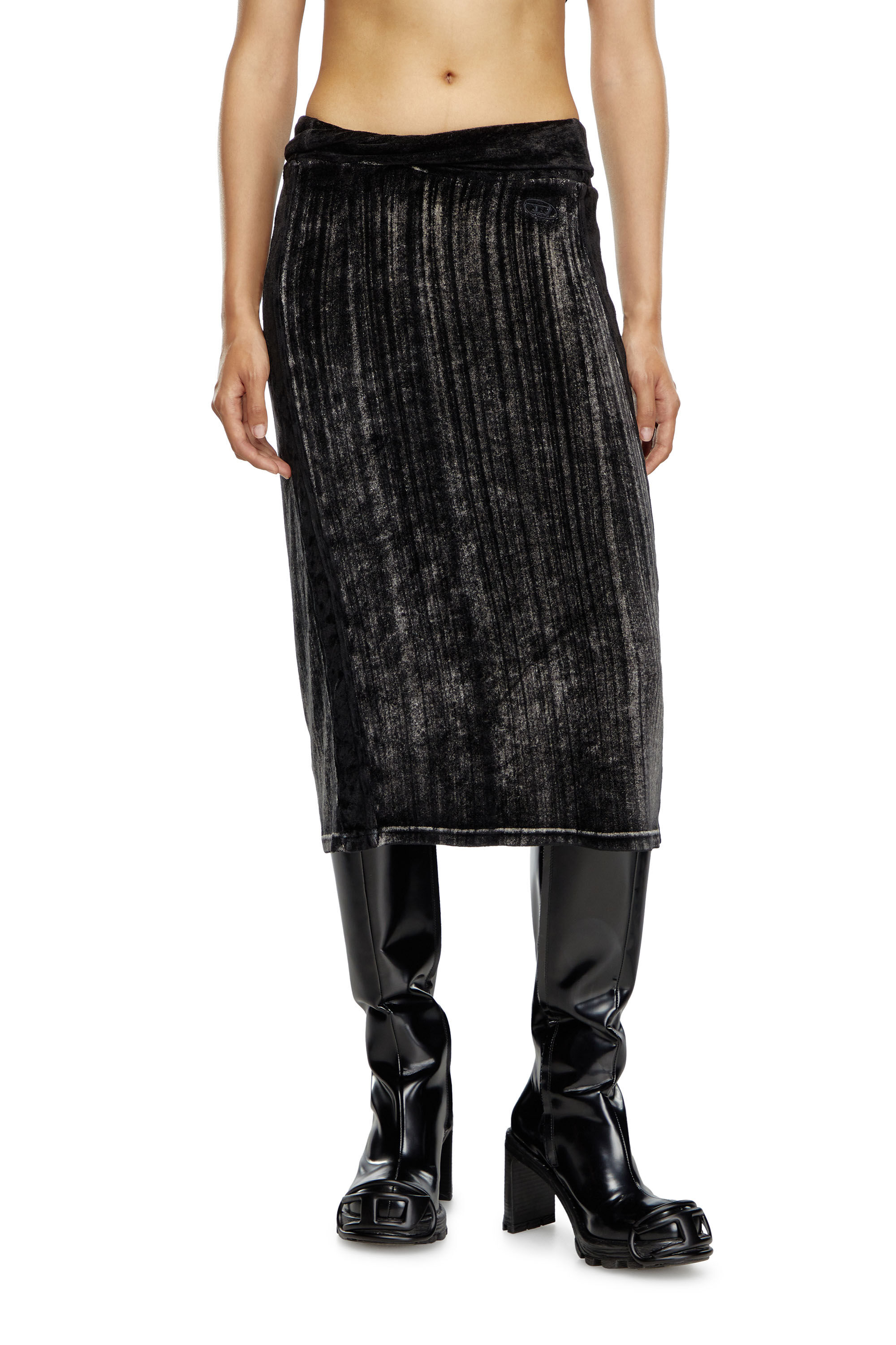 O-VERYN Chenille midi skirt with faded effect｜ブラック