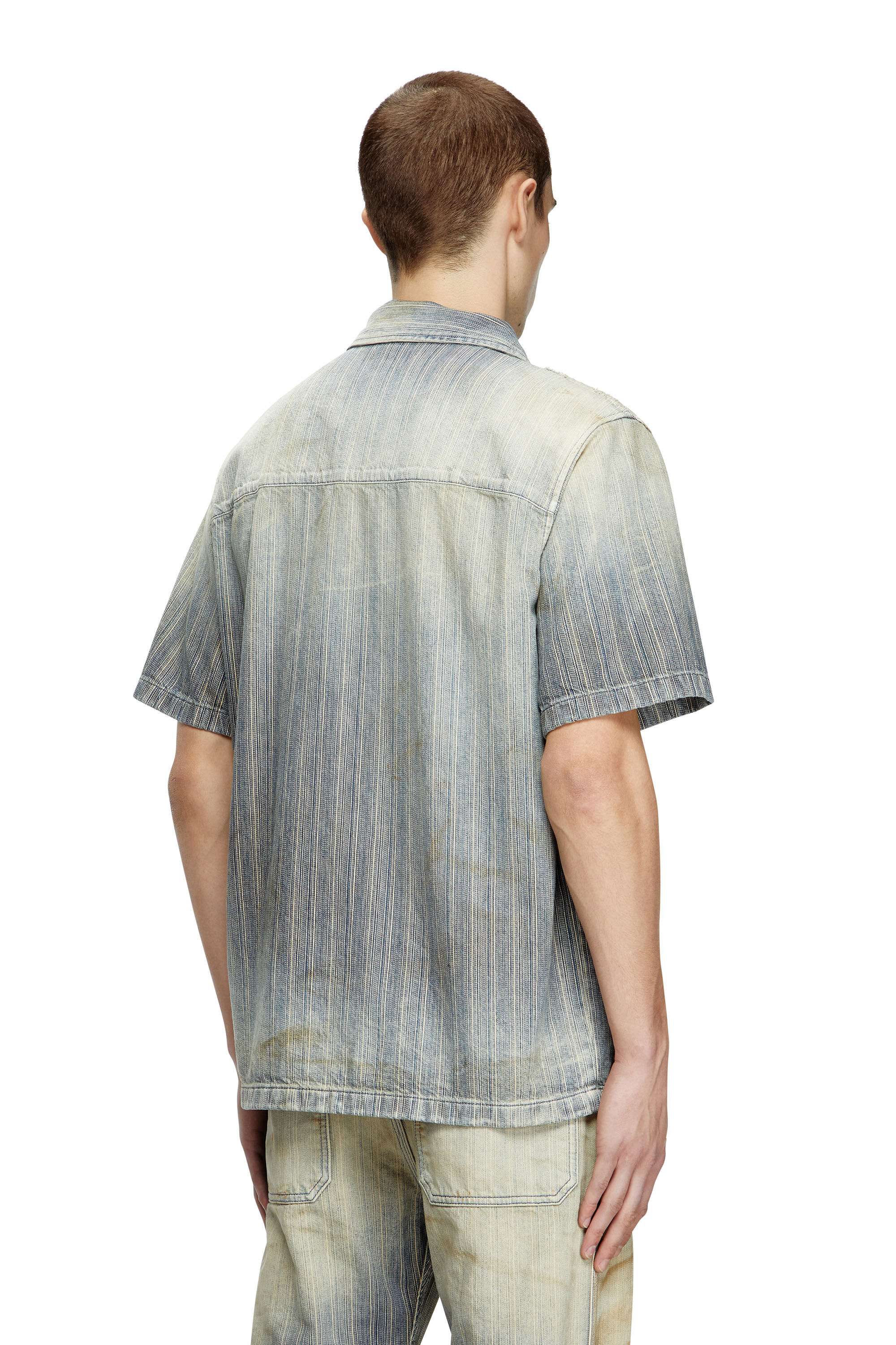 Diesel - D-NABIL-D, Male's Bowling shirt in striped indigo denim in ミディアムブルー - 4