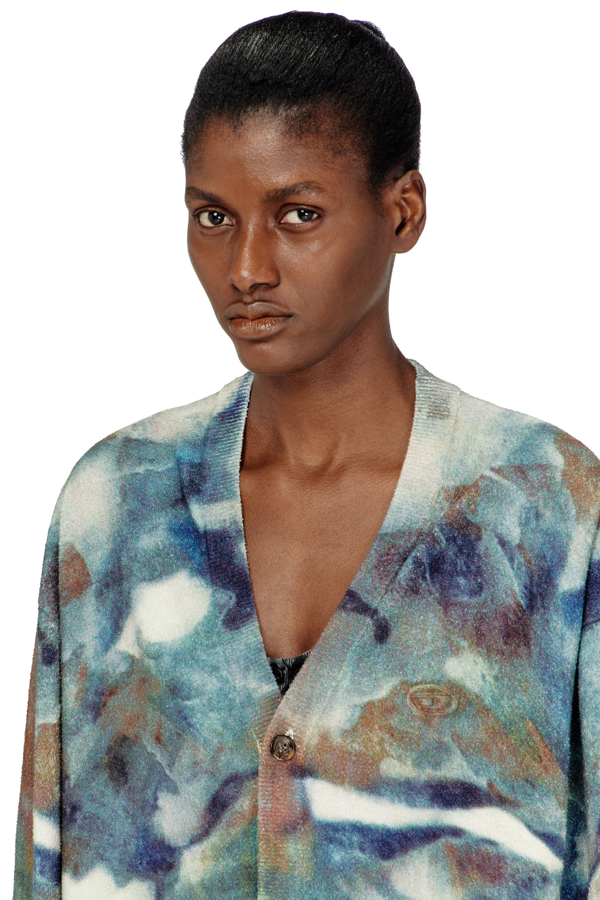 M-ILLUM-CARDIGAN Sponge-yarn cardigan with abstract print｜ブルー
