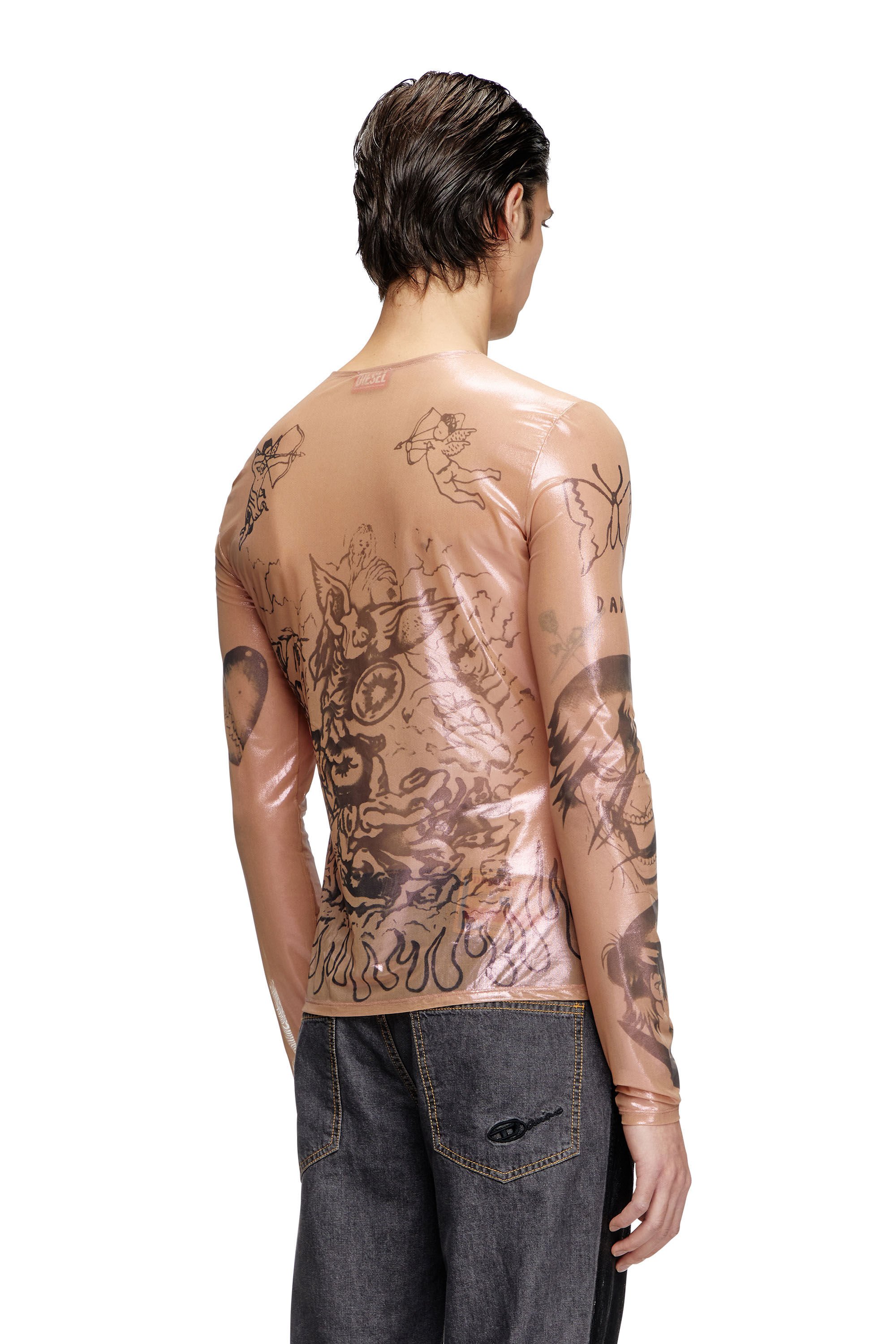 Diesel - T-CLAUDE-DD, Unisex's Tattoo top in coated stretch tulle in ピンク / ホワイト - 4