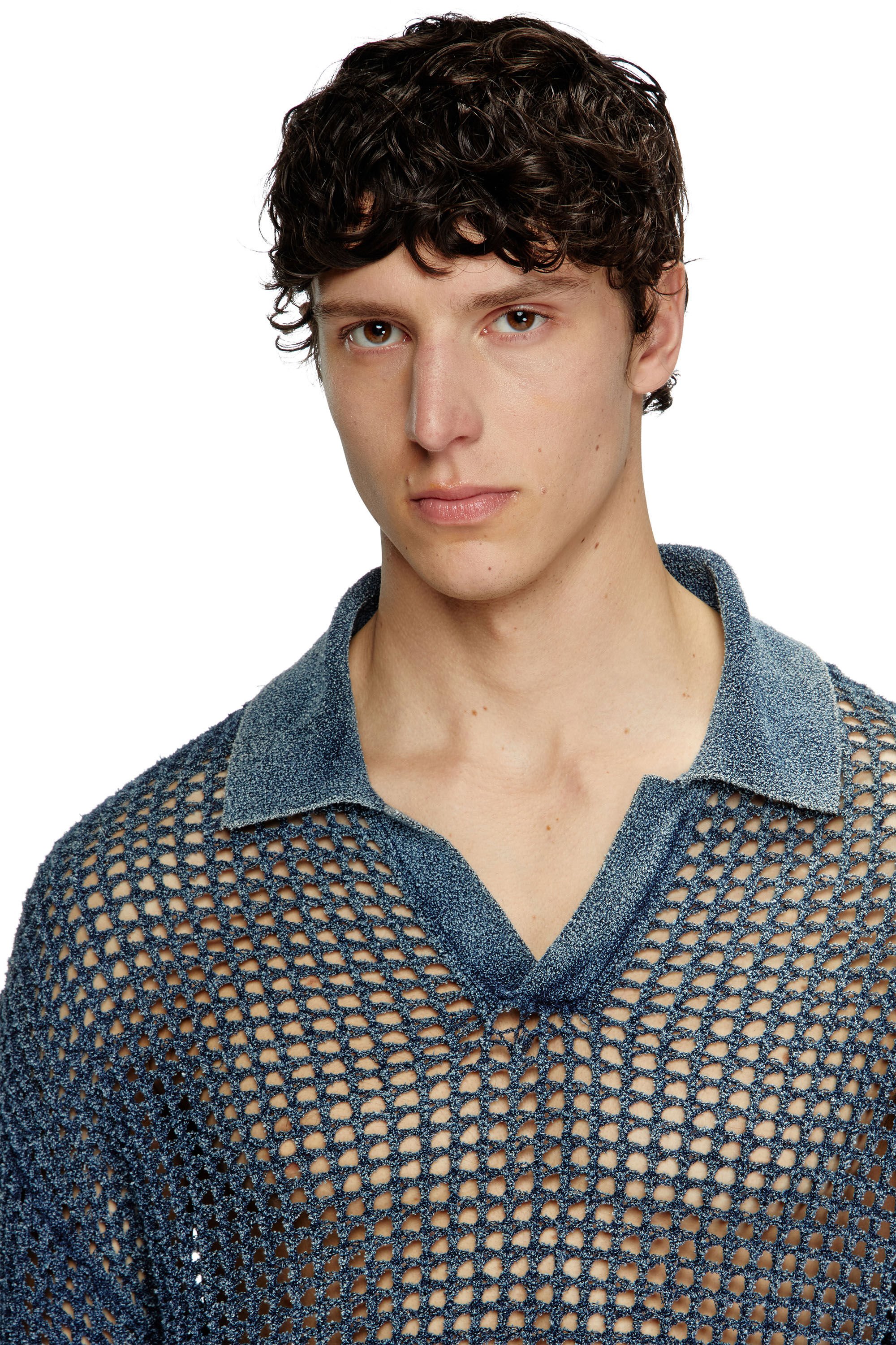 Diesel - K-SQUARED, Male's Open-knit polo jumper in denim yarn in ブルー - 4