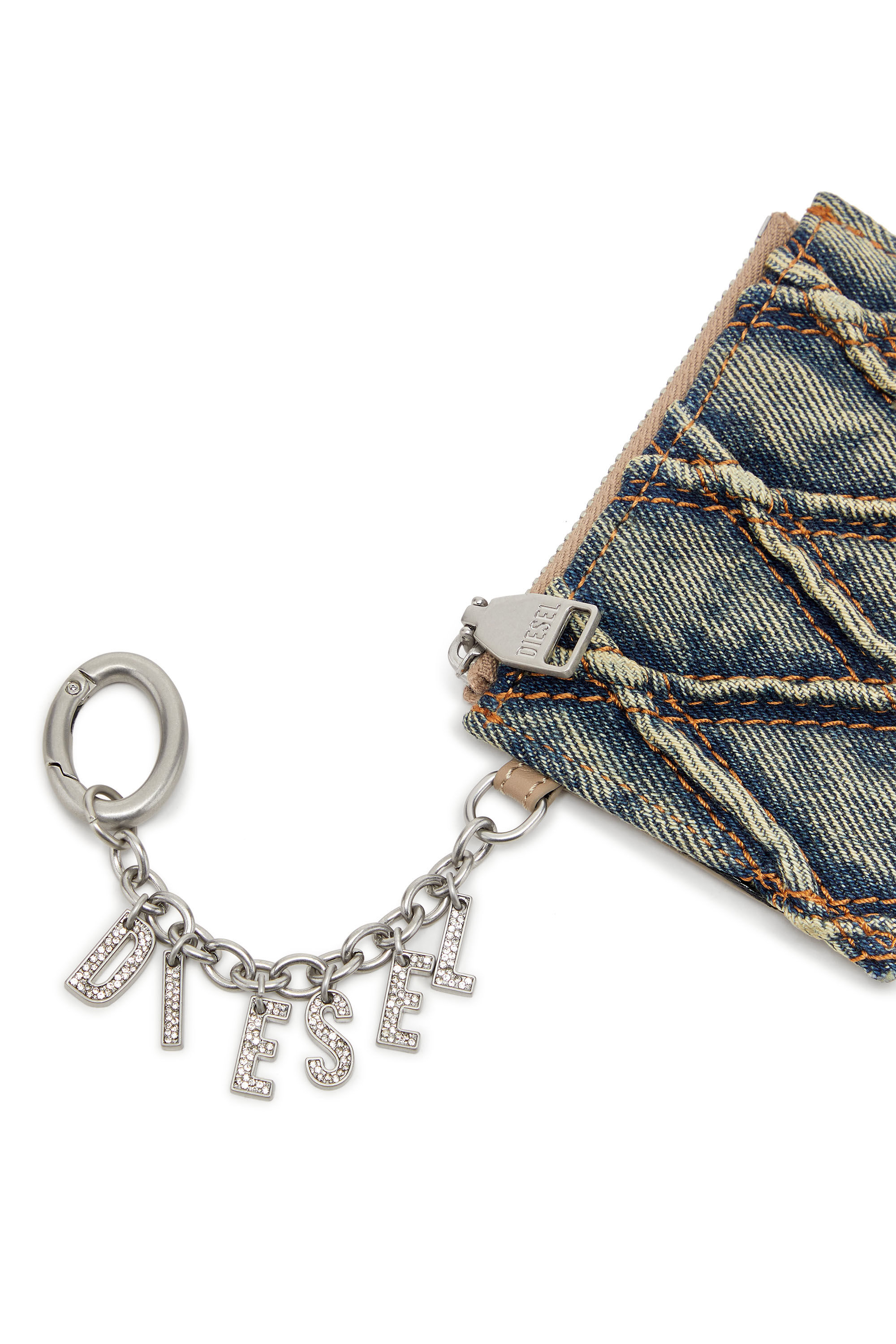 Diesel - CARD HOLDER WITH CHAIN, Female's Card holder in argyle quilted denim in ブルー - 4