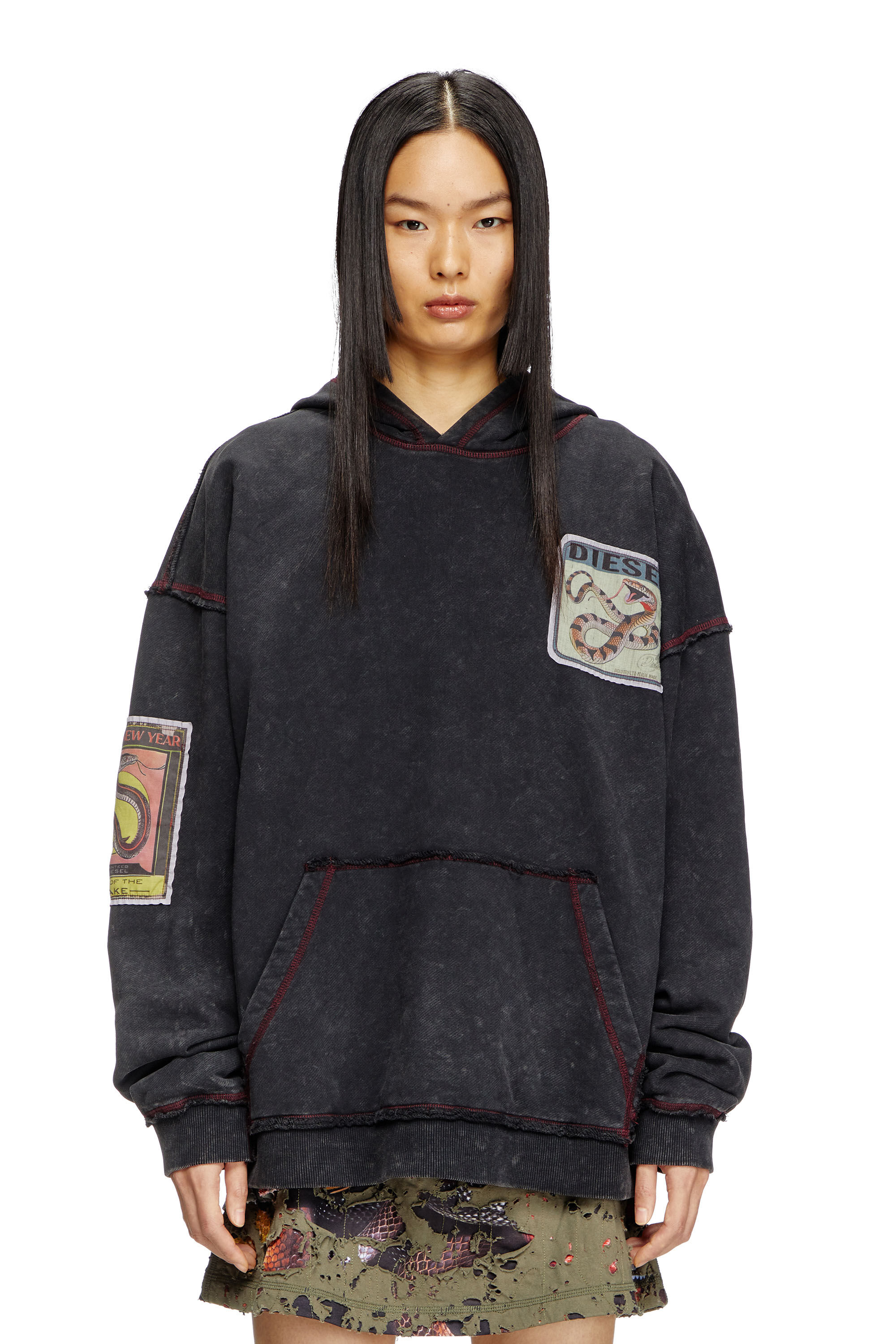 Diesel - CL-S-BOXT-HOOD-SNAKE, Unisex's Treated hoodie with snake patches in ブラック - 5