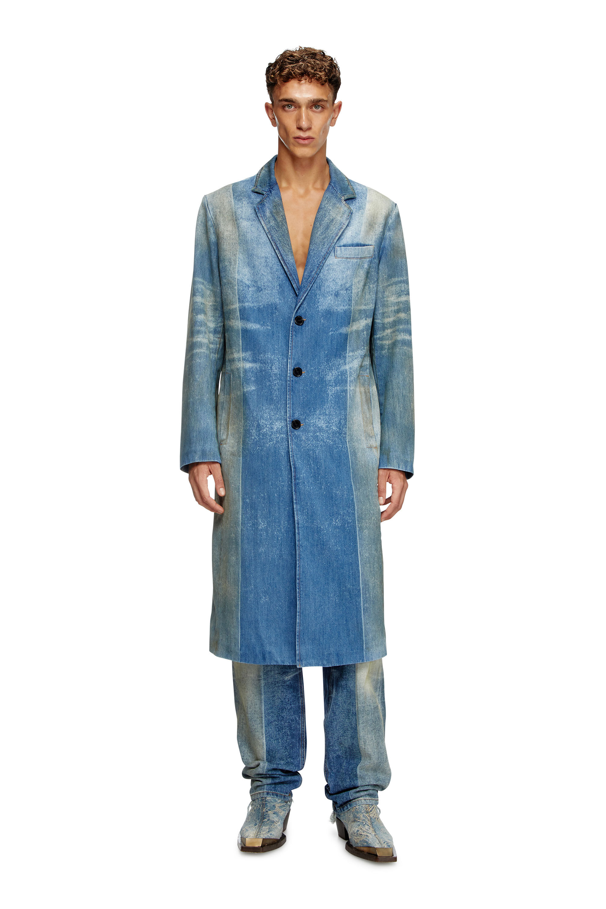 Diesel - D-BALZER-MID-FSF, Male's Denim coat with solarised folds in ミディアムブルー - 1