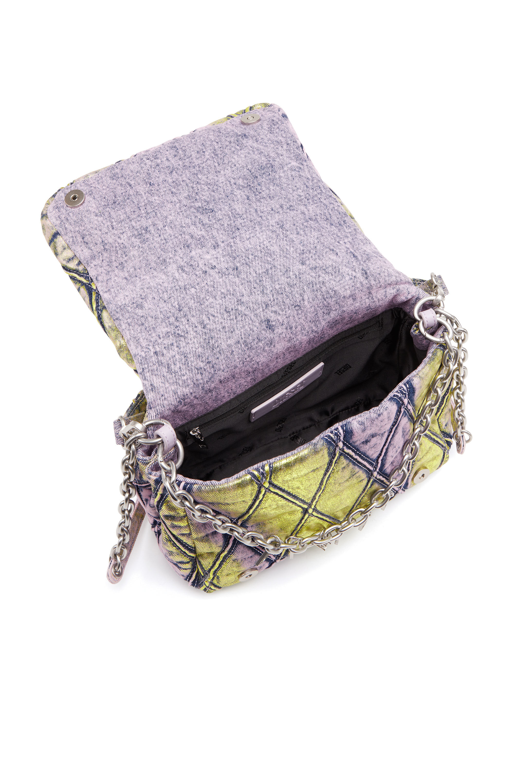 Diesel - CHARM-D SHOULDER M, Female's Charm-D M-Shoulder bag in shimmering quilted denim in ピンク/イエロー - 5