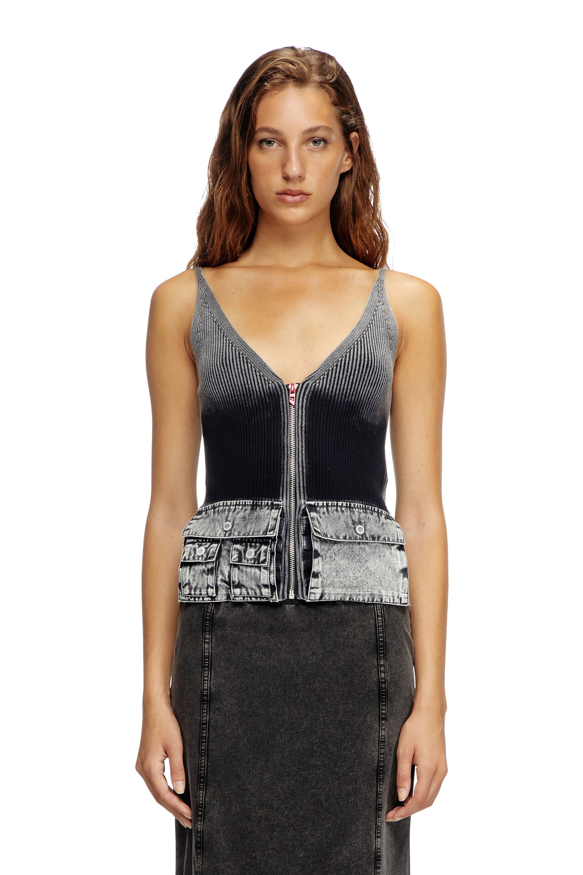 Diesel - M-MELLY, Female's Knit tank top with denim cargo pockets in ダークグレー - 3