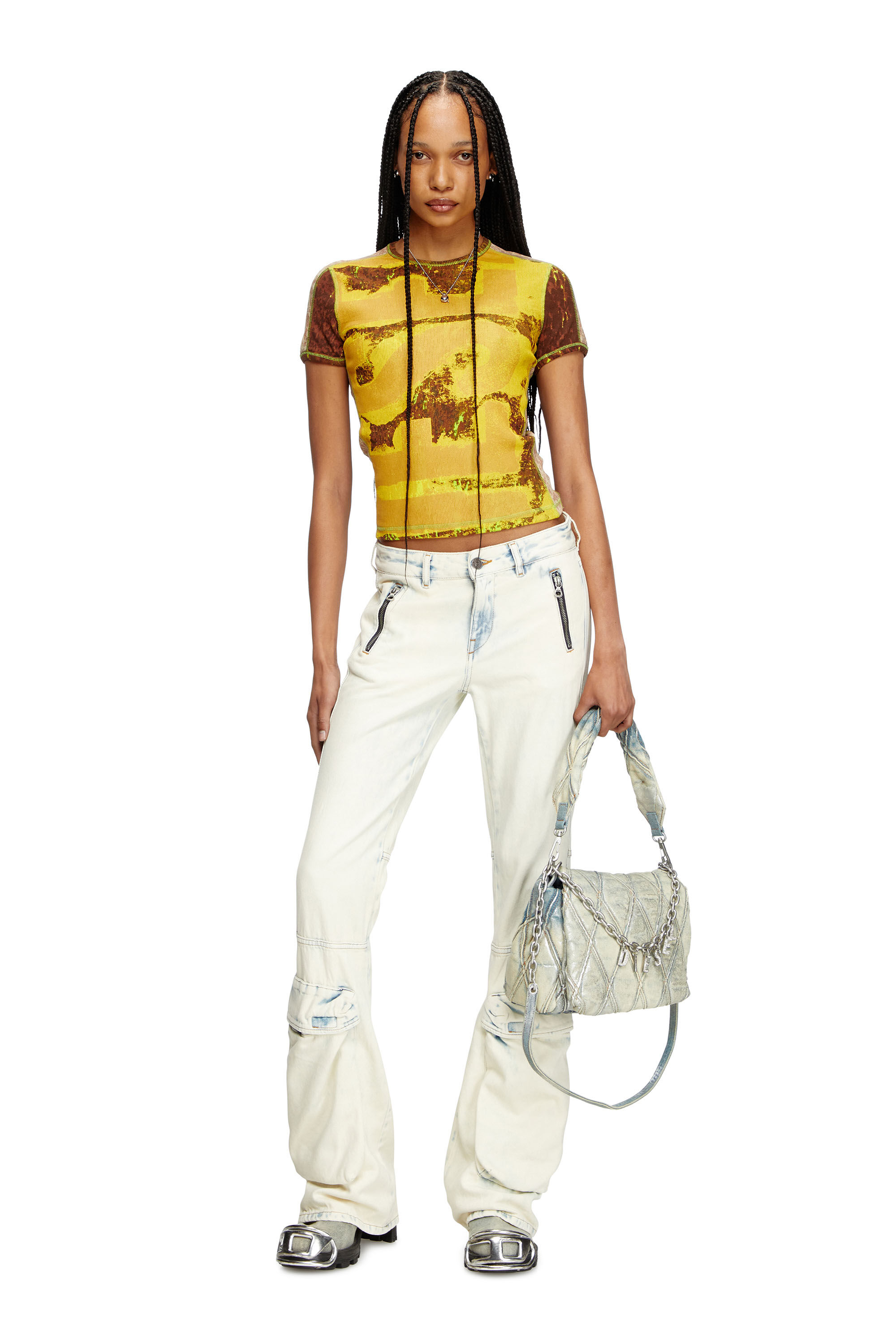 Diesel - CHARM-D SHOULDER M, Female's Charm-D M-Shoulder bag in metallic quilted denim in ライトブルー - 1