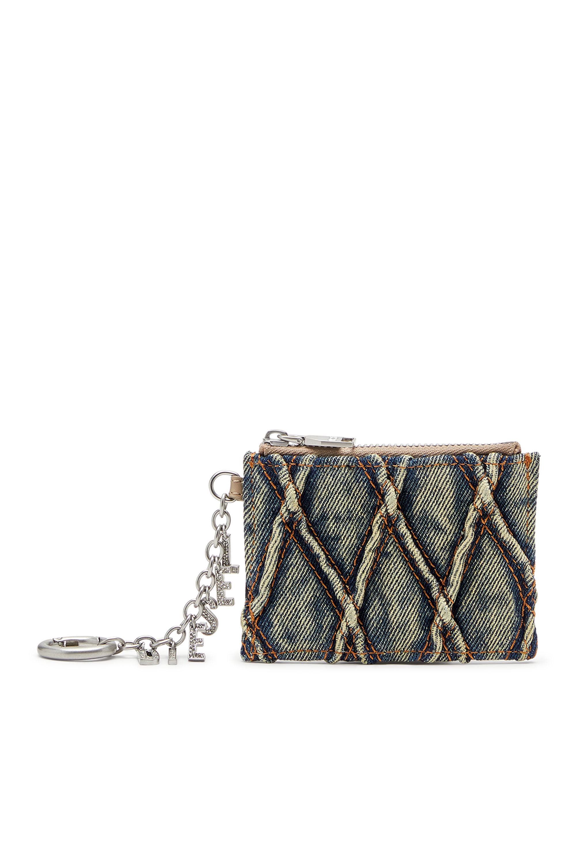 Diesel - CARD HOLDER WITH CHAIN, Female's Card holder in argyle quilted denim in ブルー - 1