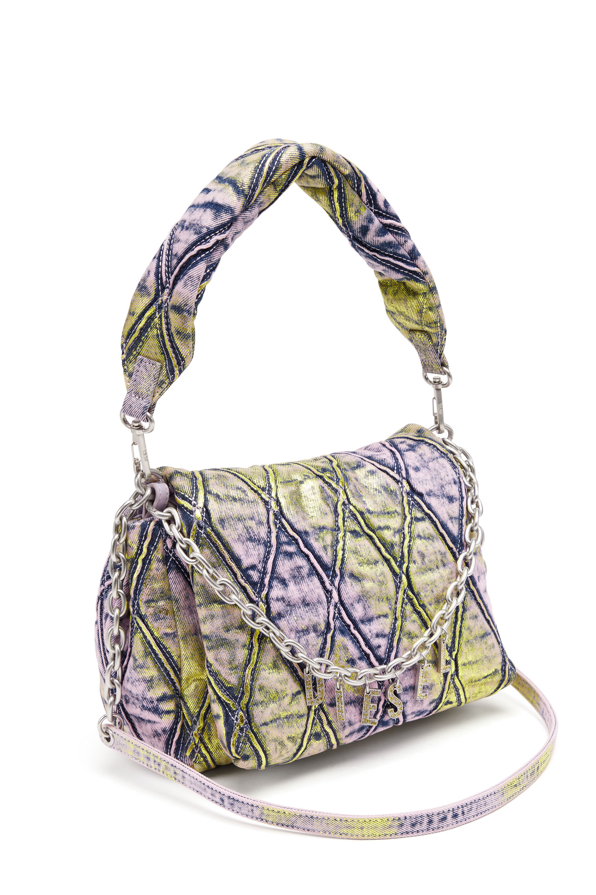 Diesel - CHARM-D SHOULDER M, Female's Charm-D M-Shoulder bag in shimmering quilted denim in ピンク/イエロー - 6