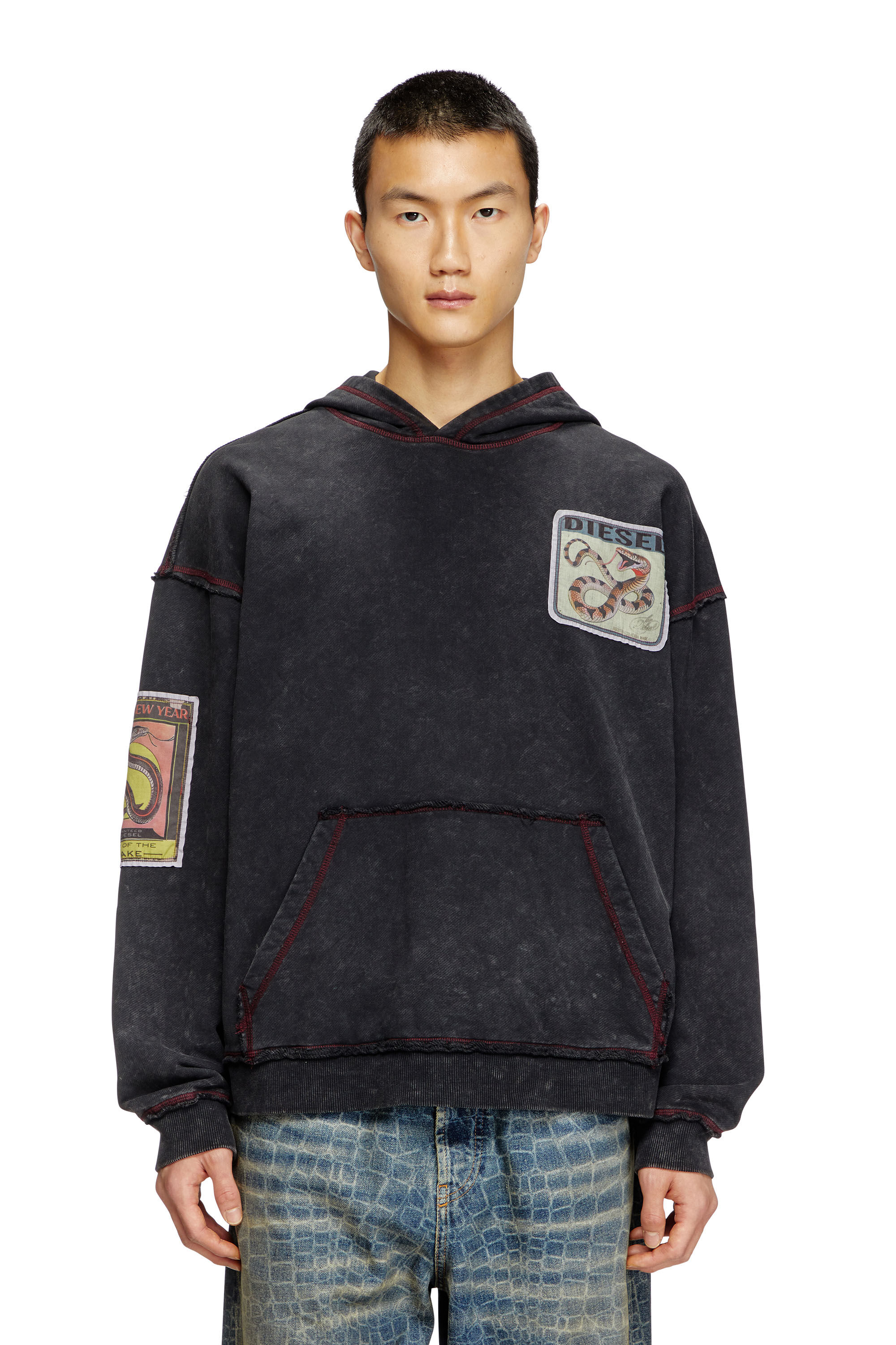 Diesel - CL-S-BOXT-HOOD-SNAKE, Unisex's Treated hoodie with snake patches in ブラック - 3