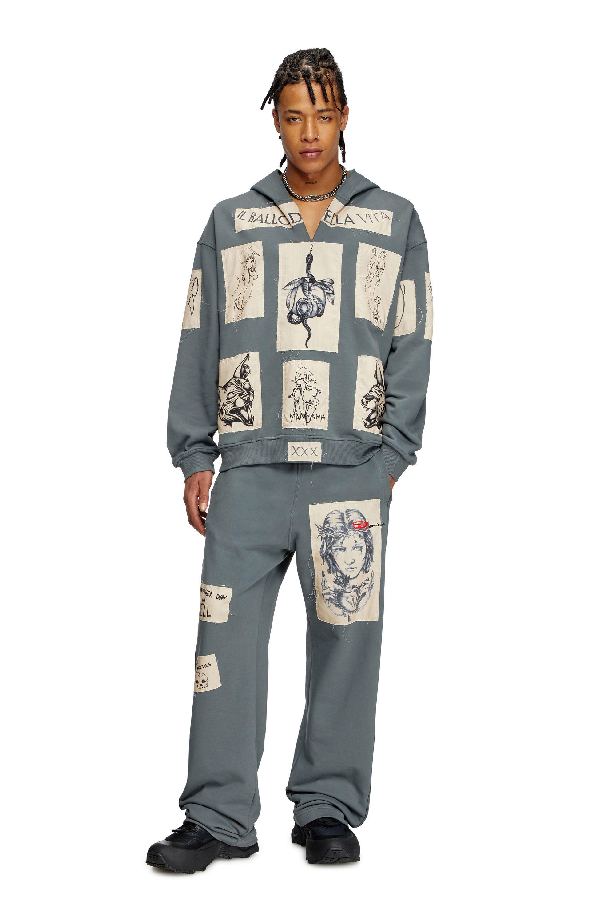 S-BOXT-HOOD-DD Hoodie with tattoo patches｜グレー｜ウィメンズ｜DIESEL